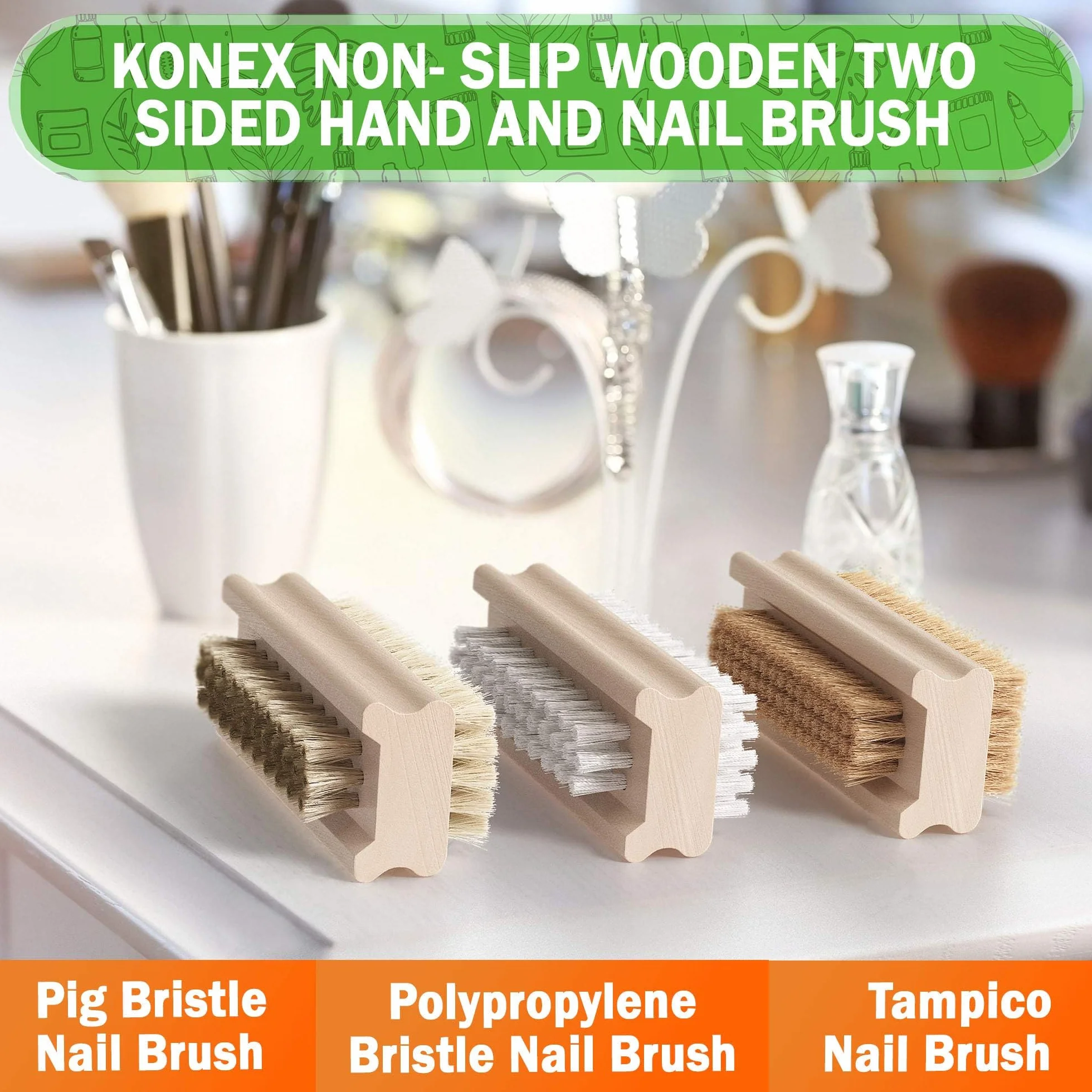 KONEX Spazzola per unghie e mani in legno a due lati antiscivolo