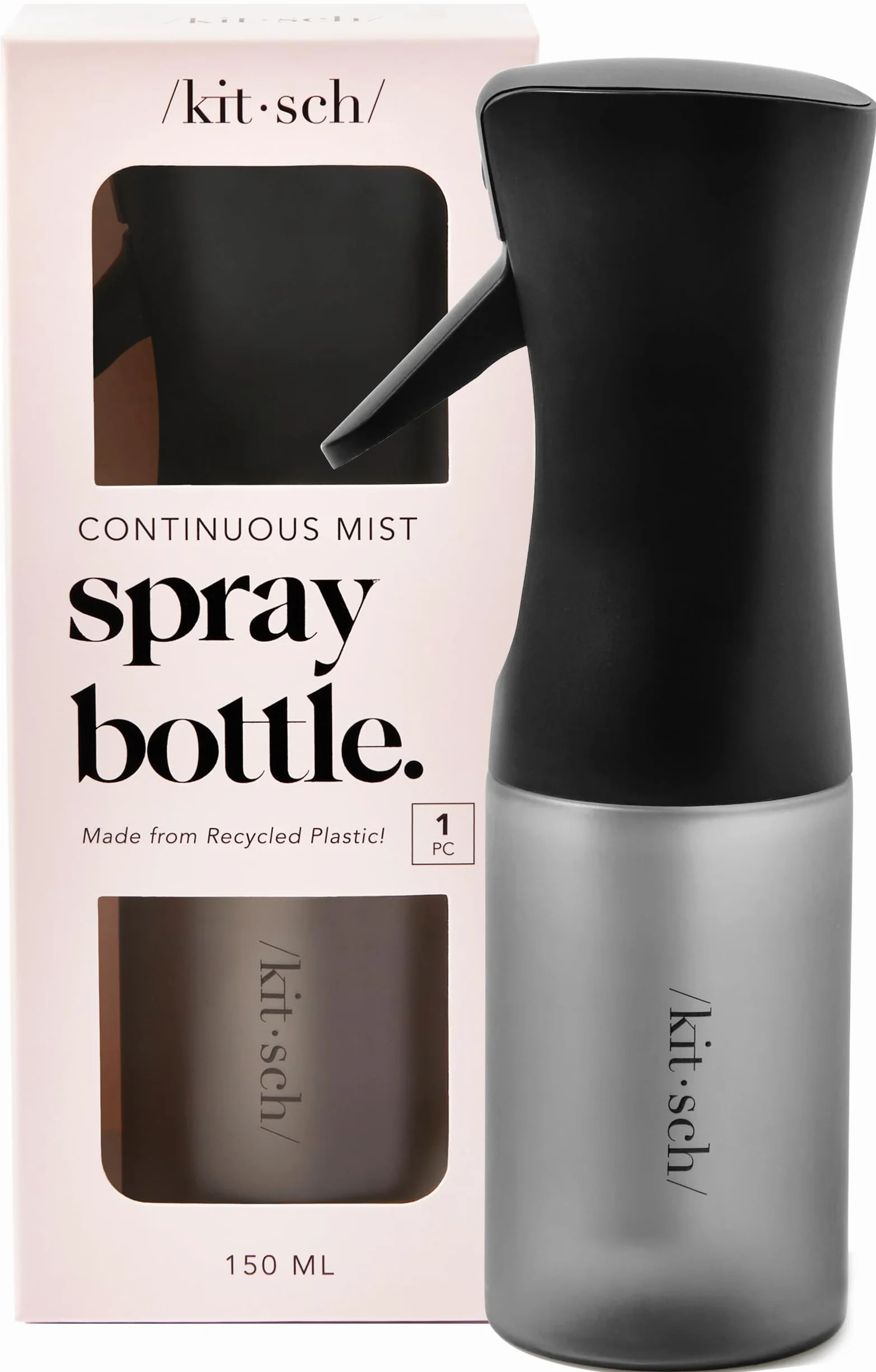 Kitsch Flacone spray continuo per capelli – Nebulizzatore d'acqua a nebbia fine – Flacone spray per capelli riciclato – Flaconi spray per pulizia, styling, piante e altro – Nero, 150 ml