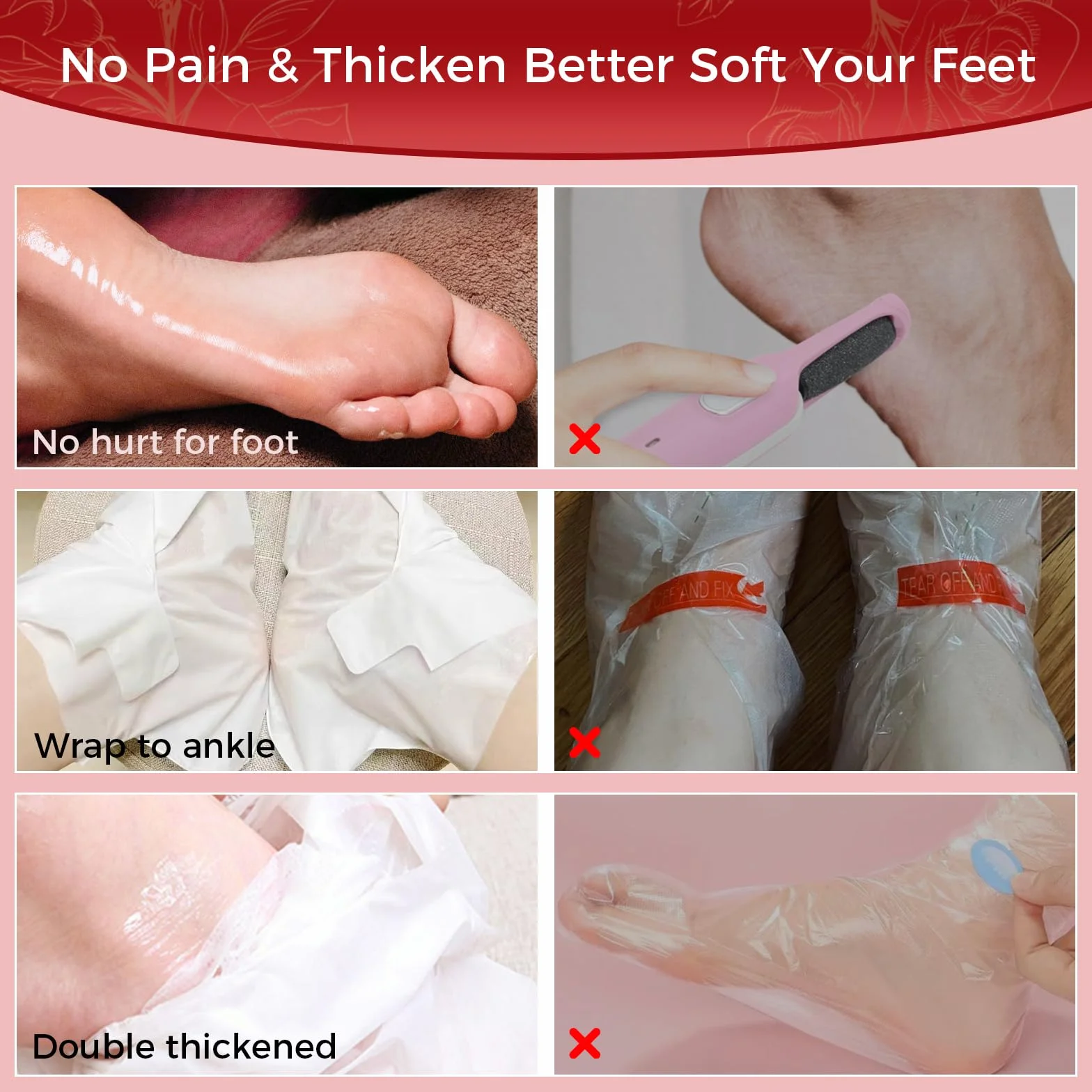 Maschera per Piedi 3 Paia, Trattamento Nutriente per Piedi, Ripara Talloni e Ammorbidisce Pelle Morta Secca, Foot Mask, Senza Peeling(Rose)
