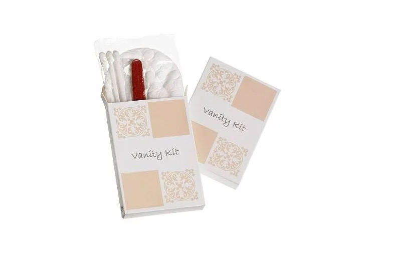 VANITY KIT Acanto 100 pezzi in Astuccio Contenuto 2 dischetti struccanti (COTONE), 3 cotton fioc (BASTONCINO IN CARTA), 1 lima. Linea Cortesia Hotel B&B Ho.re.ca