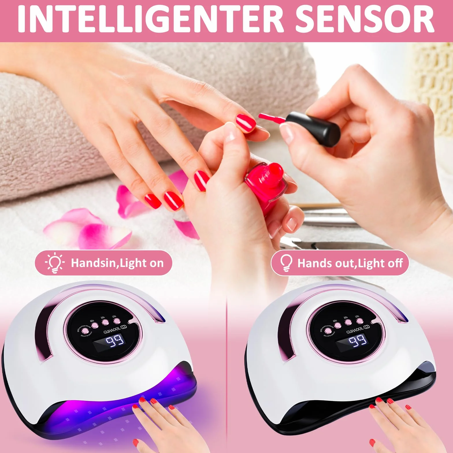 Lampada Unghie UV LED, 180W Fornetto Unghie Può Curare Rapidamente, con 4 Timer 10s/30s/60s/99s,Sensore Di Avvio Automatico, LCD Display Lampada per unghie per Gel Nail Polish Light, Bianco