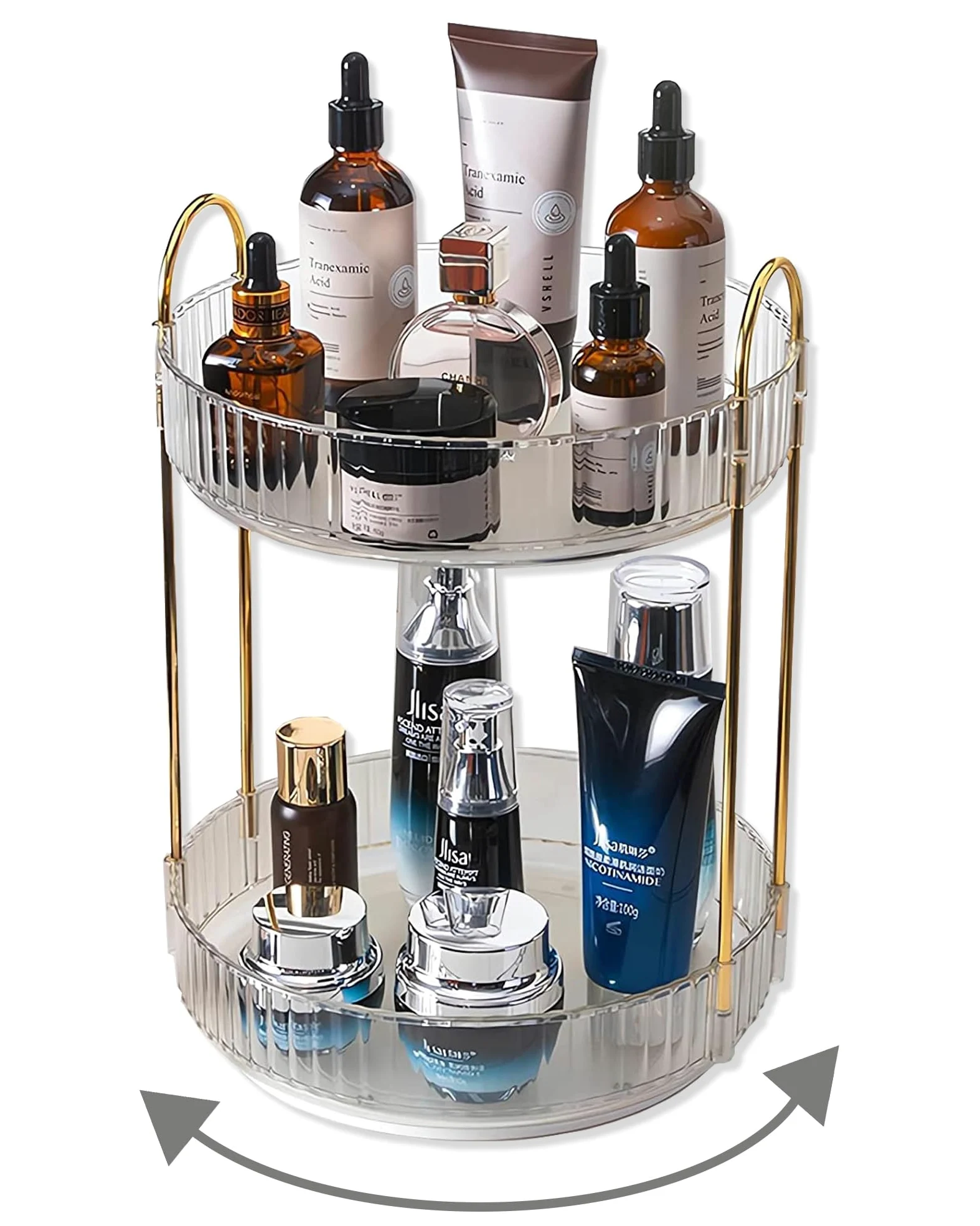 Asayuee Organizzatore per trucchi rotante a 360 gradi, organizer per trucchi a 2 livelli di grande capacità, organizer per cosmetici per la cura della pelle, organizer per cosmetici da bagno