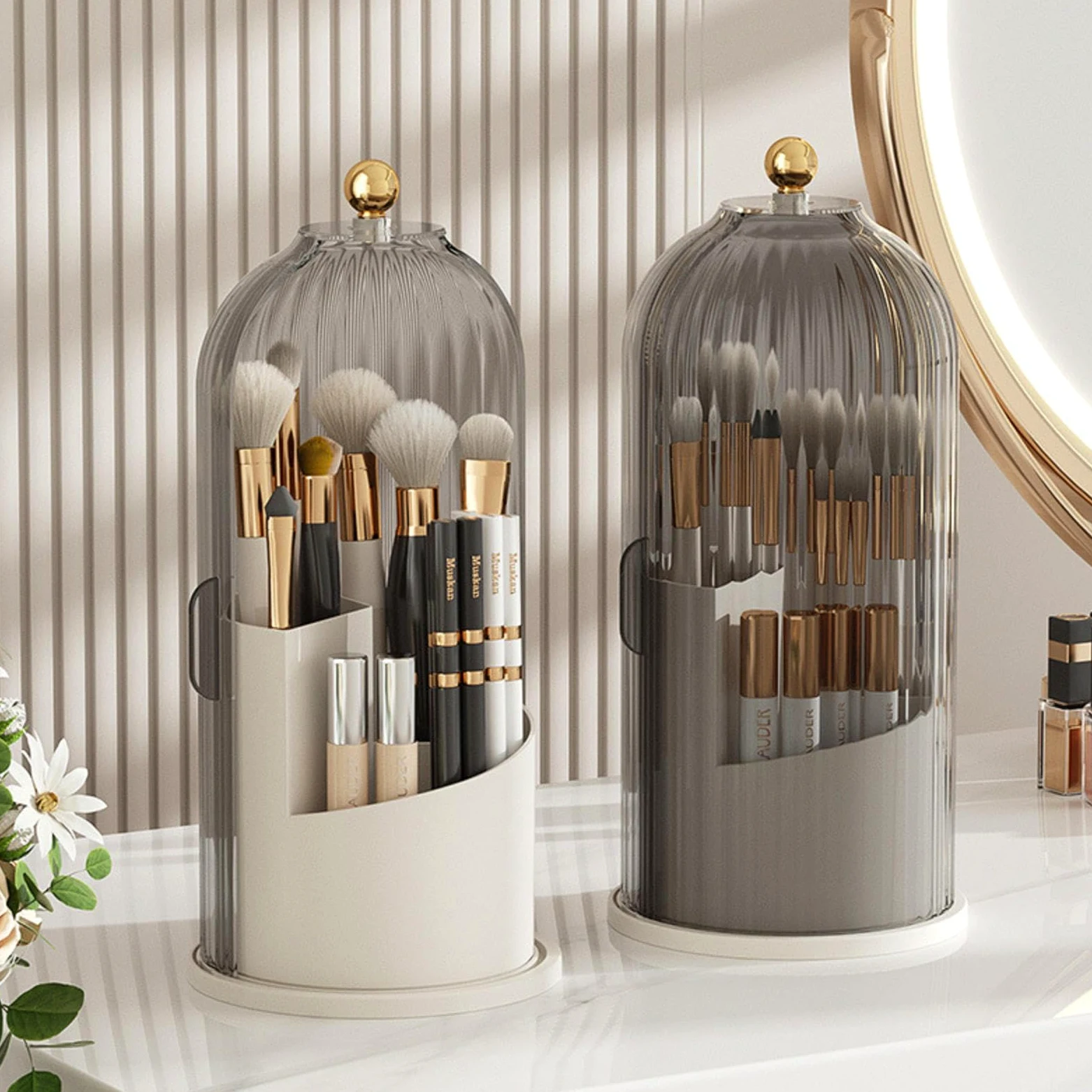 VIDECOR Porta Pennelli da Trucco Girevole a 360° con Coperchio Organizzatore Girevole per Rossetto Eyeliner Ombretto Portamatite per Sopracciglia Scatola Portaoggetti,C
