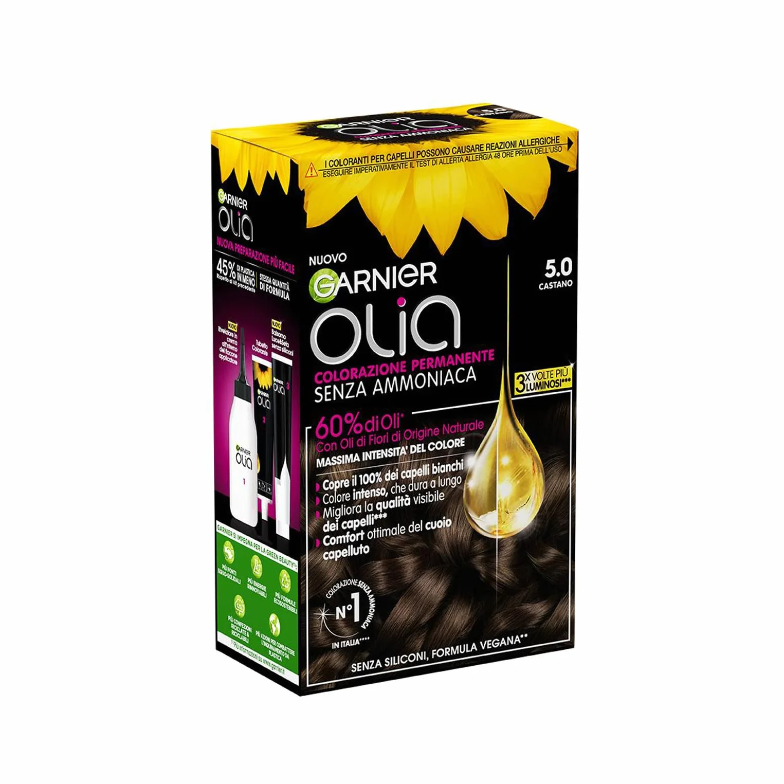 Garnier Olia Tinta Capelli Castano, Senza Ammoniaca, Copre 100% Capelli Bianchi, Formula Vegana