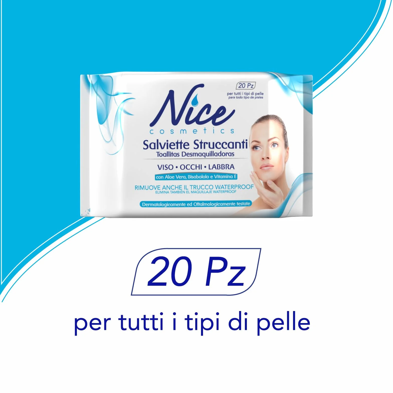 Nice Salviette Struccanti per Viso, Occhi e Labbra, con Aloe Vera, Bisabololo e Vitamina E, Dermatologicamente e Oftalmologicamente Testate, Confezione Tascabile da 20 Salviette