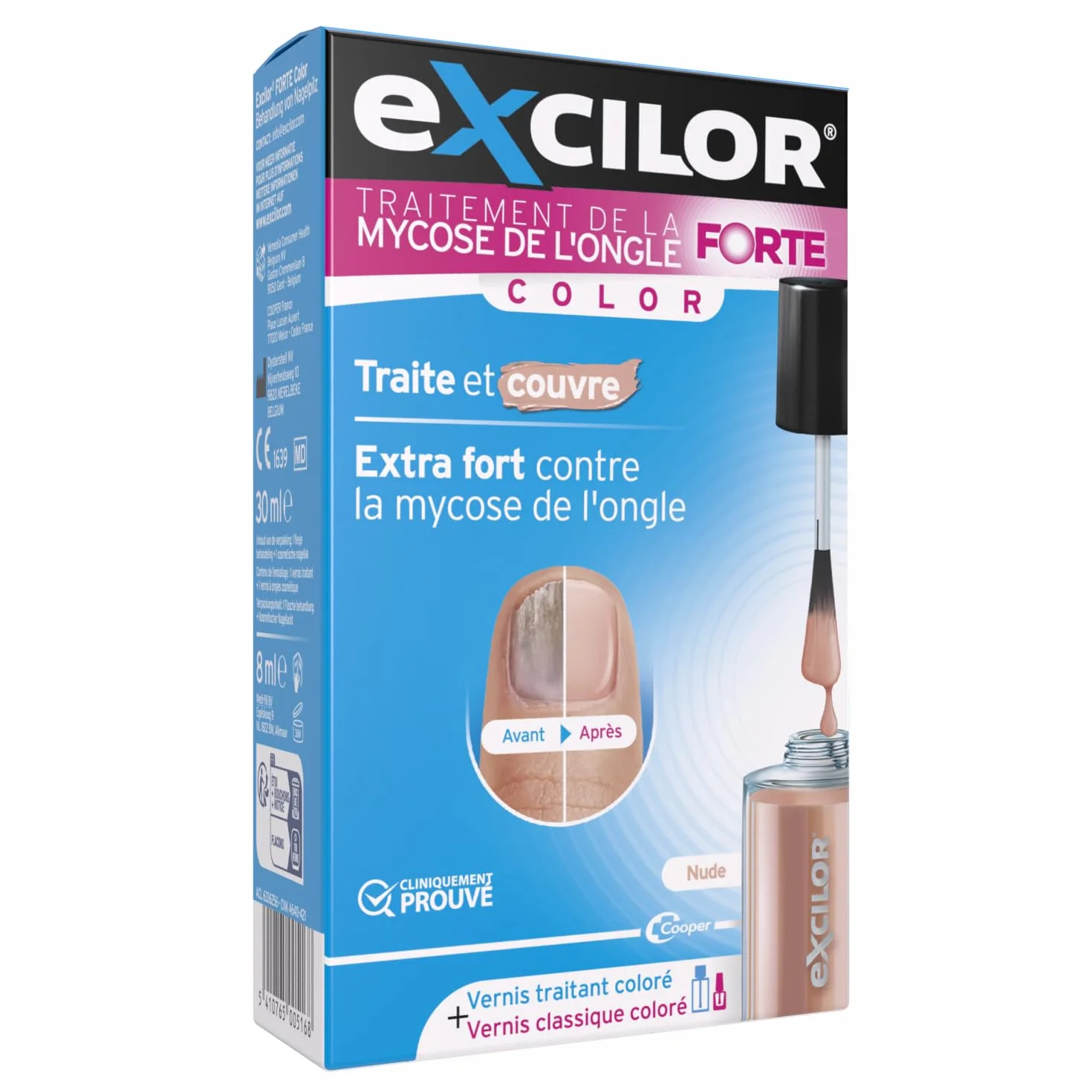 EXCILOR - Forte Color - Trattamento della micosi dell'unghia - Tratta e copre - Trattamento 30 ml + Smalto cosmetico per unghie da 8 ml - Clinicamente provato* - Nude