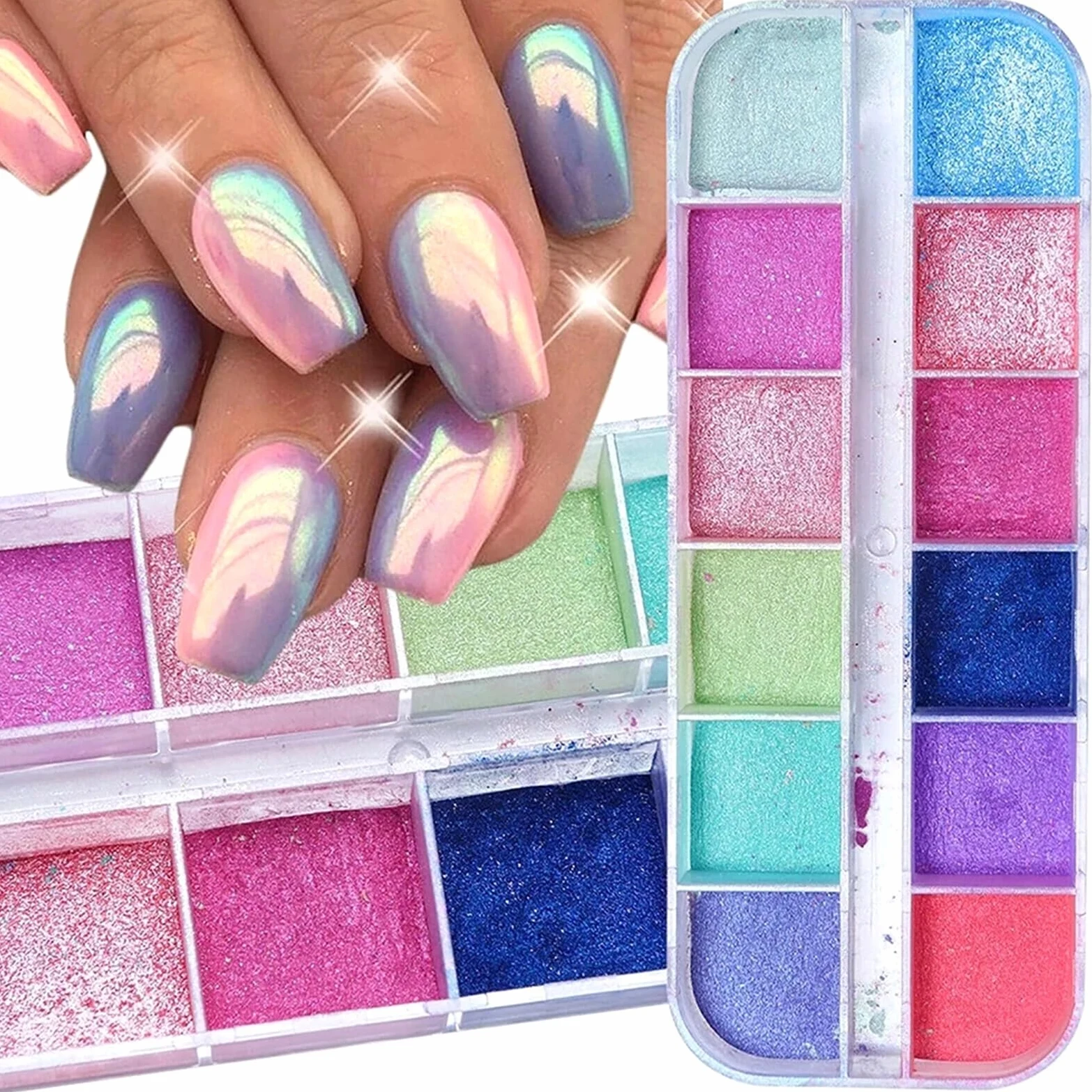 Polvere cromata unghie 12 Griglie Aurora Sirena Perla Shimmer Specchio effetto cromato Polvere for unghie per Manicure