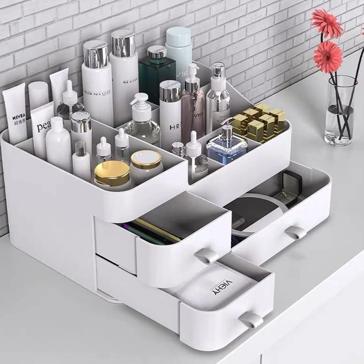 Queta Organizer per trucchi grande 3 cassetti 8 scomparti scatola trucco gioielli spazzole rossetto creme