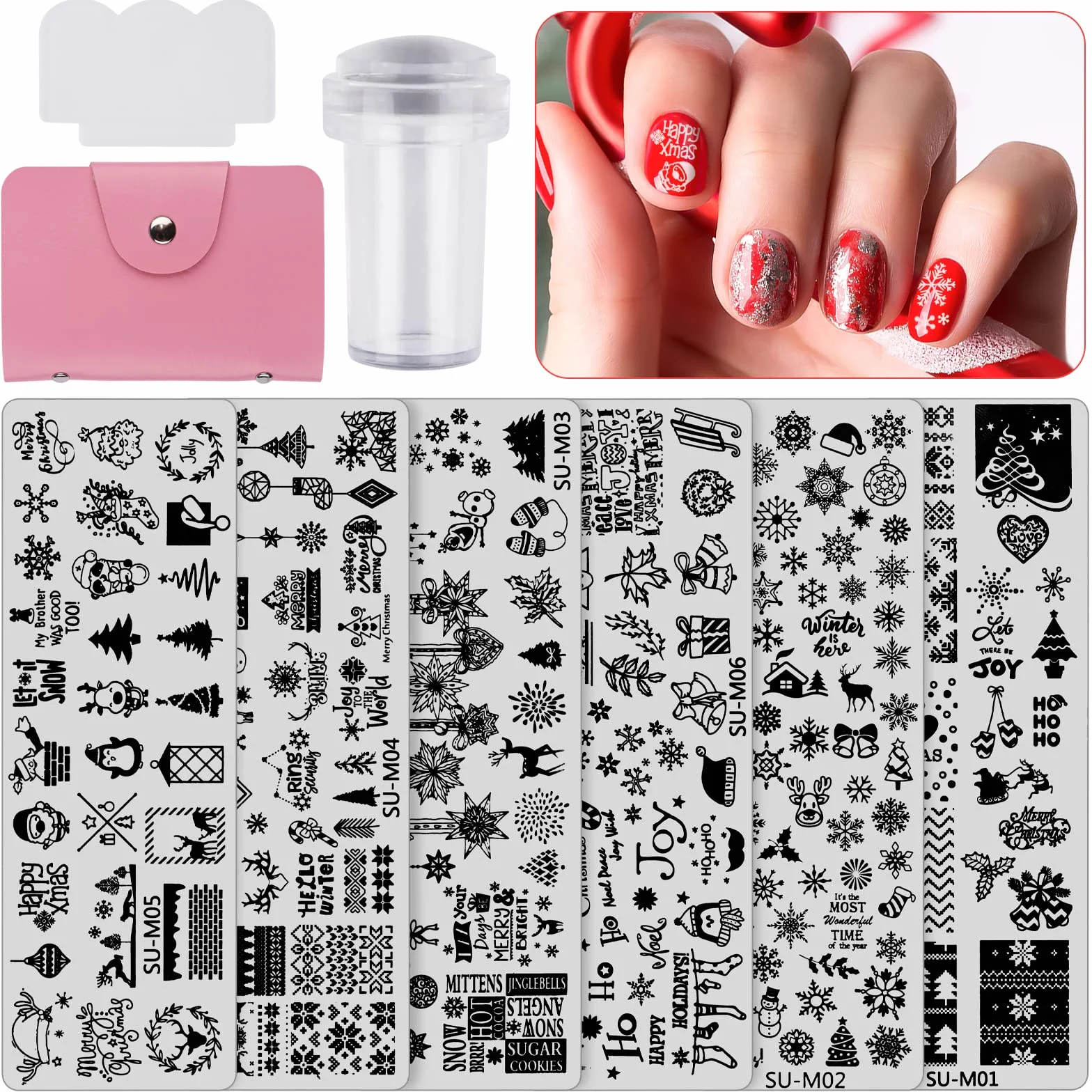 EBANKU 6 pezzi Set di Nail Art Stamping Stampini, Piatti per Timbri per Unghie Renna Fiocco di Neve Albero di Natale Disegni Manicure con 1 Timbro + 1 Raschietto + 1Borsa Portaoggetti
