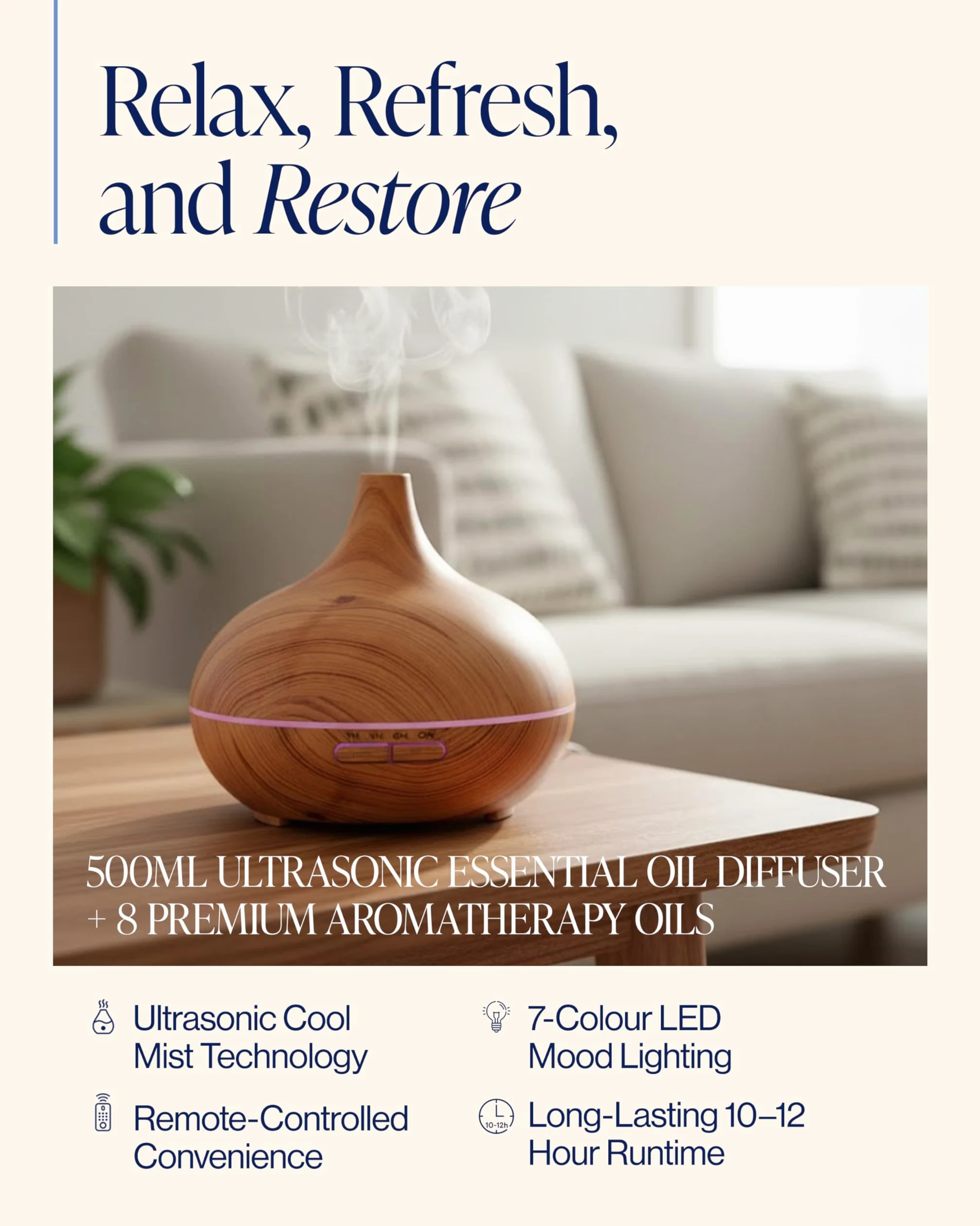 Nest & Nibble Diffusore di oli essenziali da 500 ml e 8 oli, diffusore di aromi a ultrasuoni a nebbia fredda, telecomando, luce LED, umidificatore per casa, camera da letto, ufficio, spa e benessere