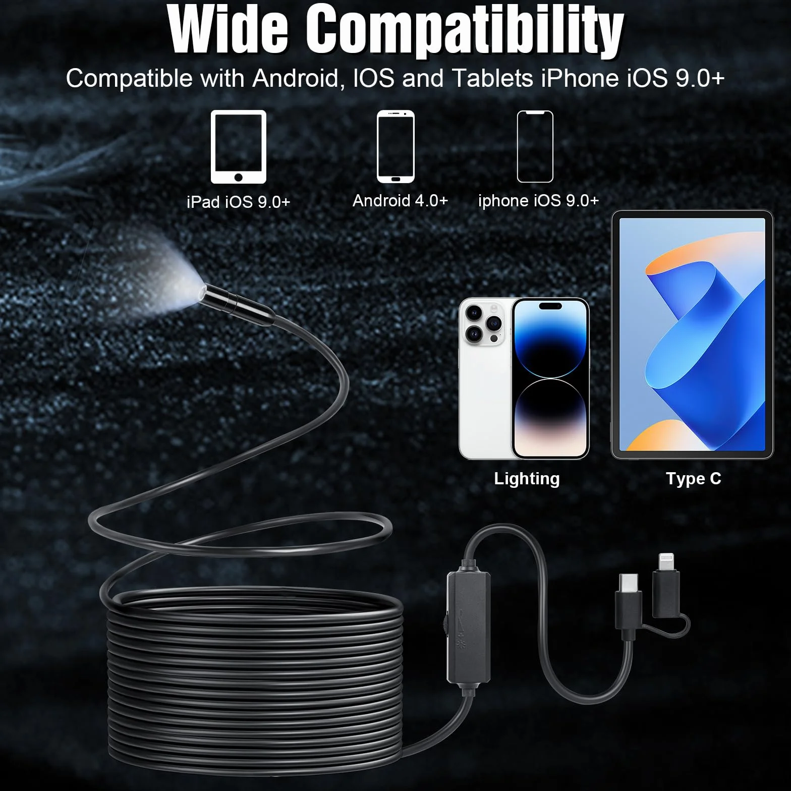 Endoscopio per Smartphone 1920P 8 LED IP67 Impermeabile Compatibile iOS Android 5M