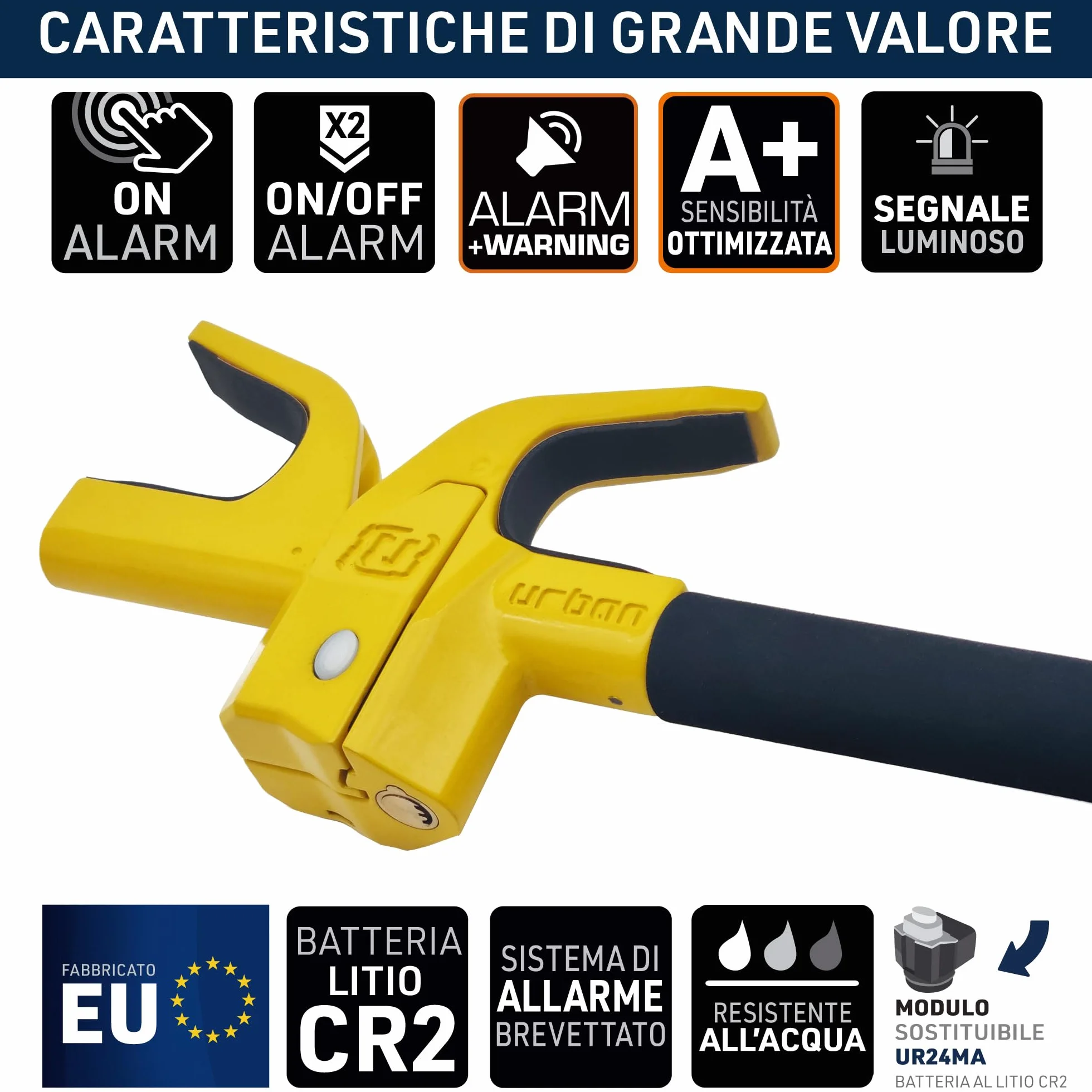 URBAN UR978Y Antifurto Auto Doppia Sicurezza Blocca Sterzo 120dB LED Bloccaggio Automatico Blocco Volante Meccanico Universale