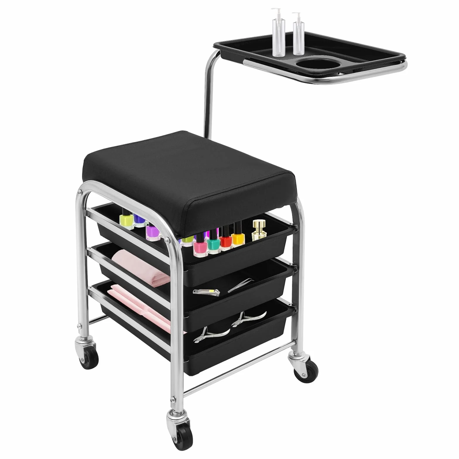 Carrello per manicure per cosmetici, colore nero, per manicure, pedicure, altezza 53 – 77 cm, 220 lbs, 3 scomparti+cuscino, salone e ufficio, 4 rotoli, 121517 pollici, nero