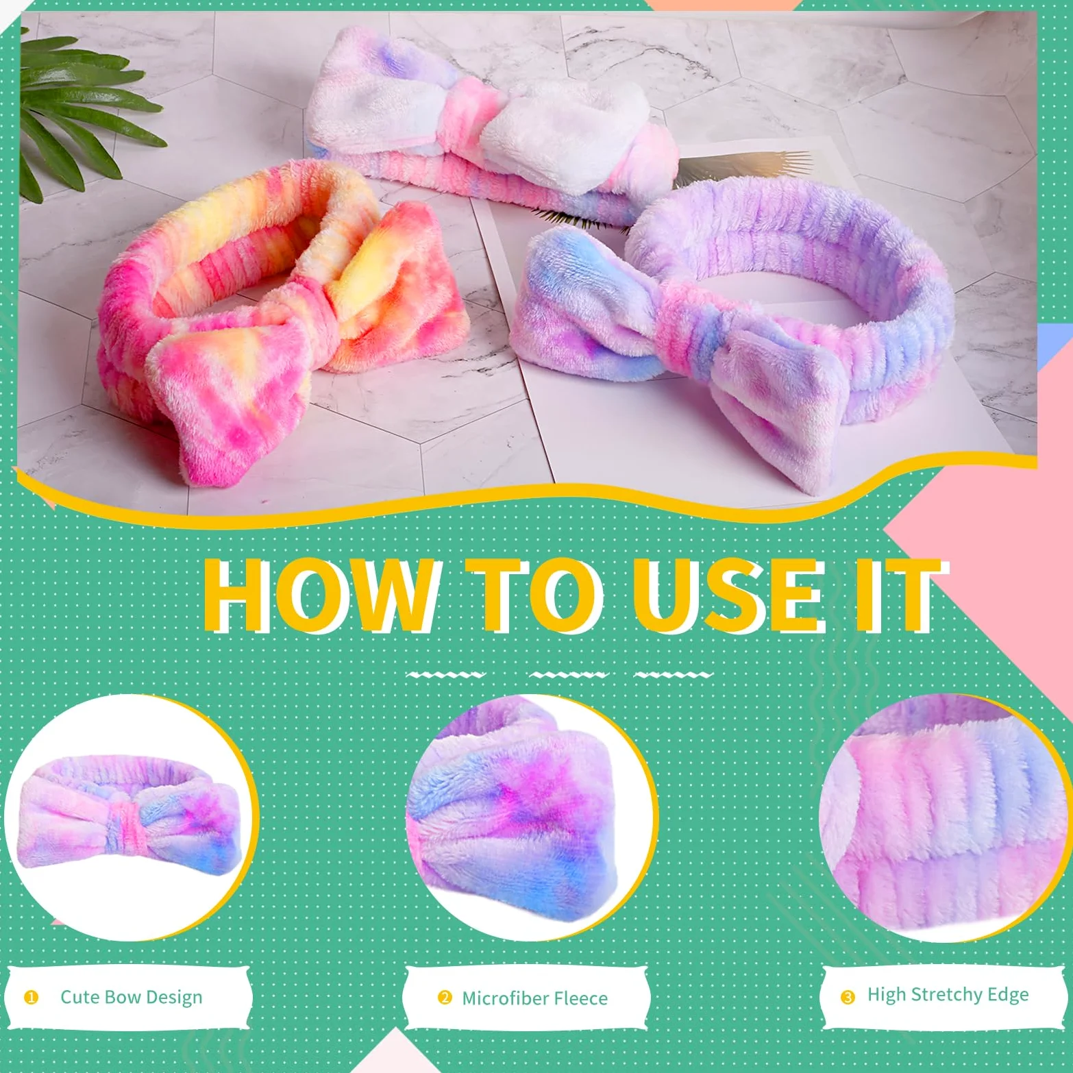 WSYUB Set di fascia e braccialetto da spa con elastici per capelli, fasce per lavare il viso, fascia per trucco per la cura della pelle, fasce da polso per lavare il viso