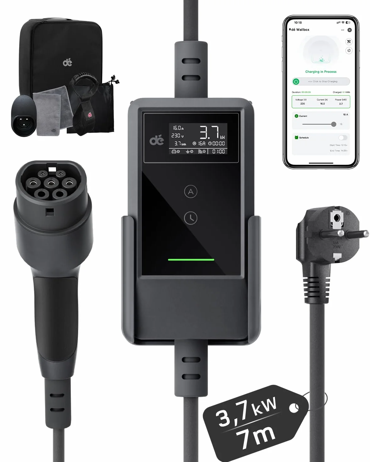 Carichino Auto Elettrica Portatile Tipo 2 Schuko 3,7kW 7m 6–16A LCD Caricatore EV PHEV