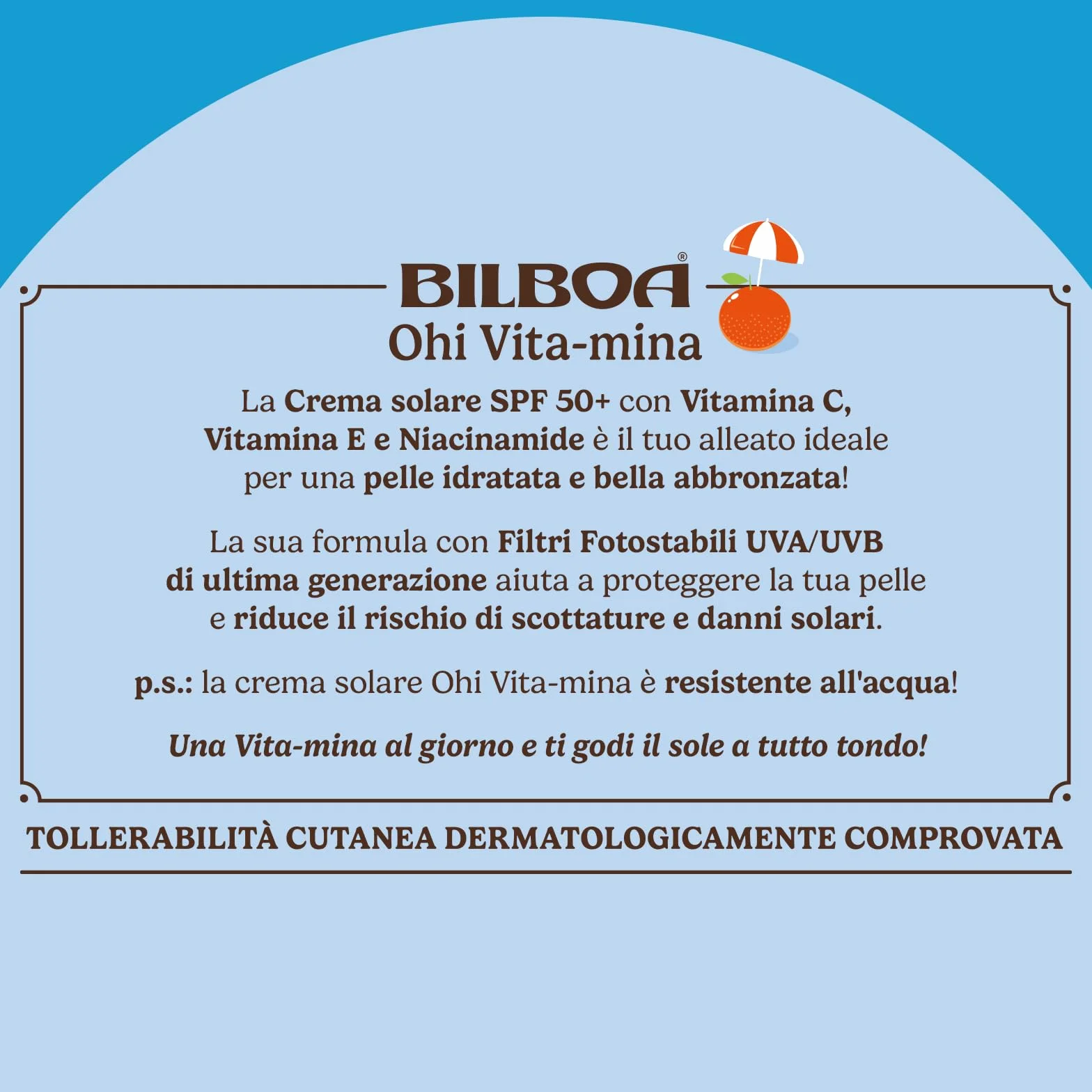 Bilboa Ohi Vita-Mina Latte Solare SPF 50+ Crema Solare con Vitamina C, Vitamina E e Niacinamide, Resistente all'Acqua, 200 ml