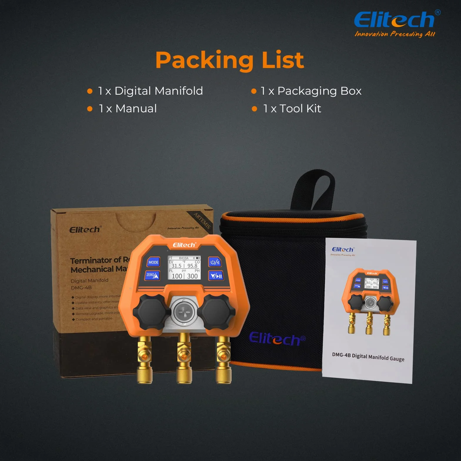 Elitech Misuratore di Refrigerante Manometro Digitale per Collettori HVAC DMG-4B