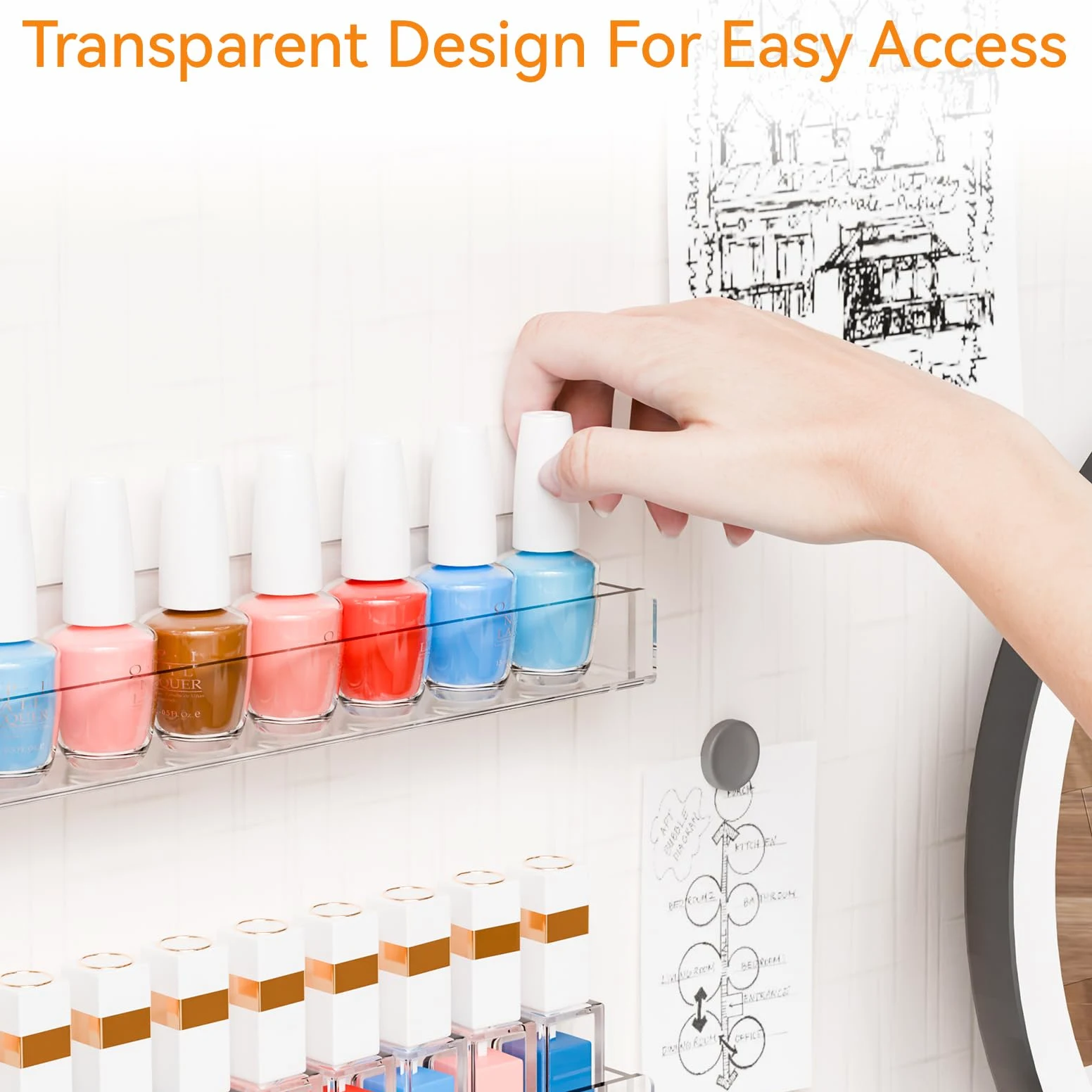 Cq - Organizer per smalti in acrilico da parete, 6 confezioni da 72 bottiglie per nail tech, organizer per unghie e conservazione, per nail tech, 45 cm