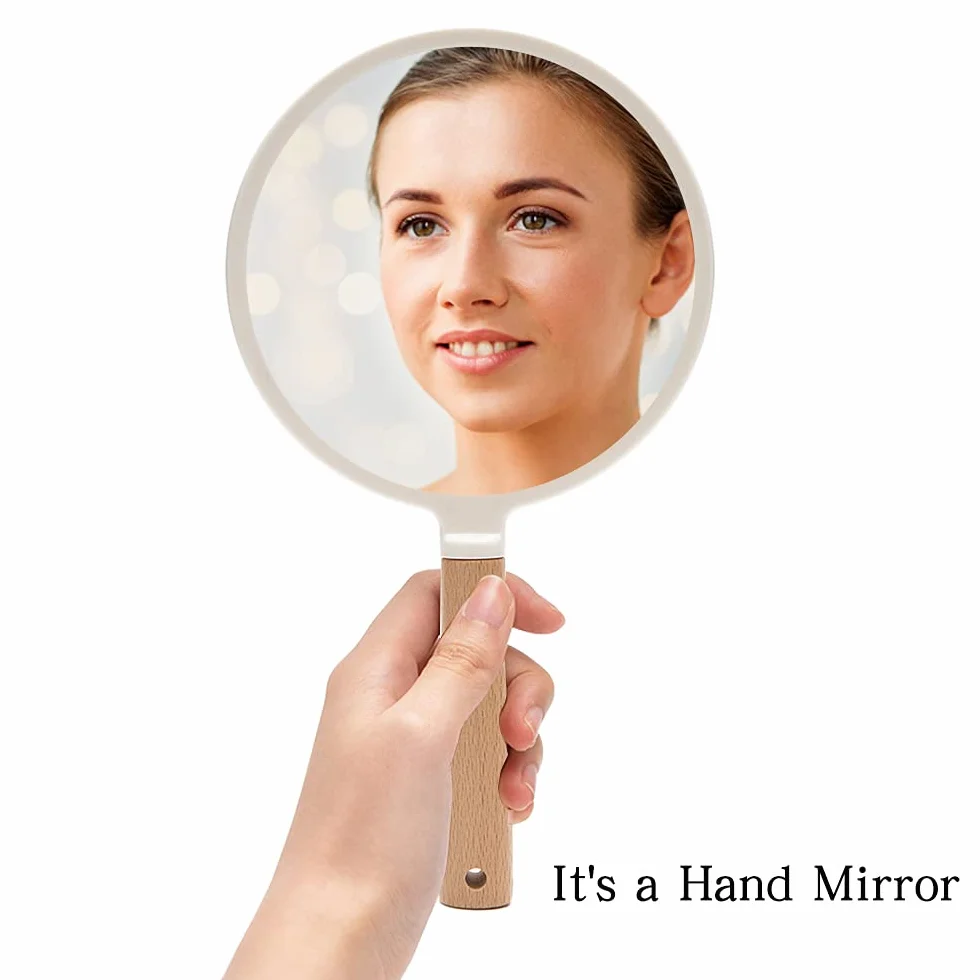 YEAKE Specchio a mano con manico per trucco, piccolo specchio in legno carino per rasatura con foro da appendere su un lato, portatile, da viaggio, per uomini e donne (rotondo)