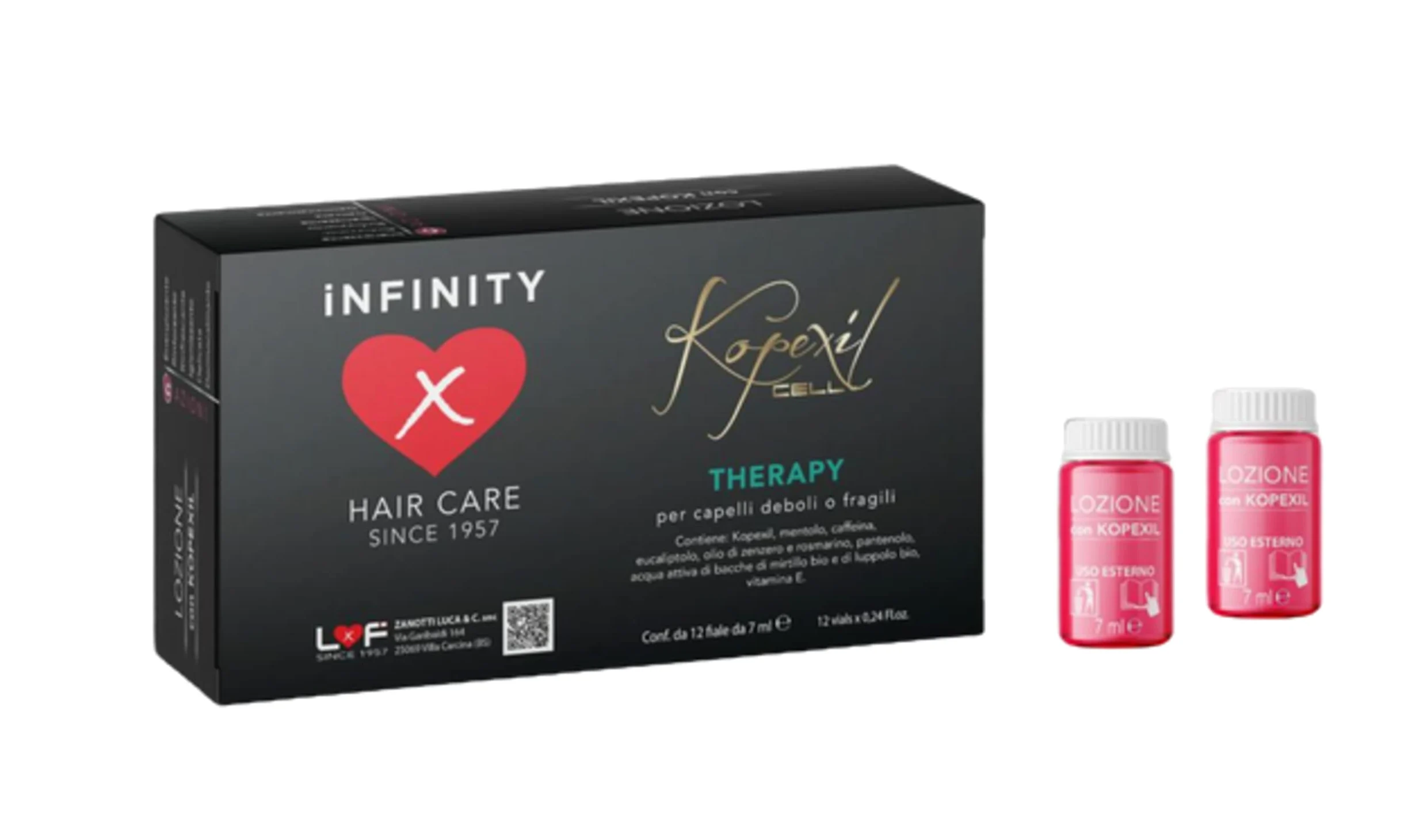 Infinity Hair Care Kopexil cell Terapy, trattamento anticaduta intensivo per capelli deboli o fragili. Confezione da 12 fiale da 7 ml.