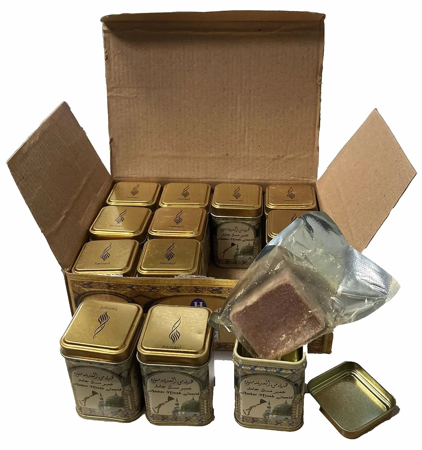 Hemani Amber Musk Jamid - Set di 12 scatole in metallo, profumo forte, orientale, ideale per il corpo e la casa, aroma duraturo, idea regalo, di alta qualità con Kajal