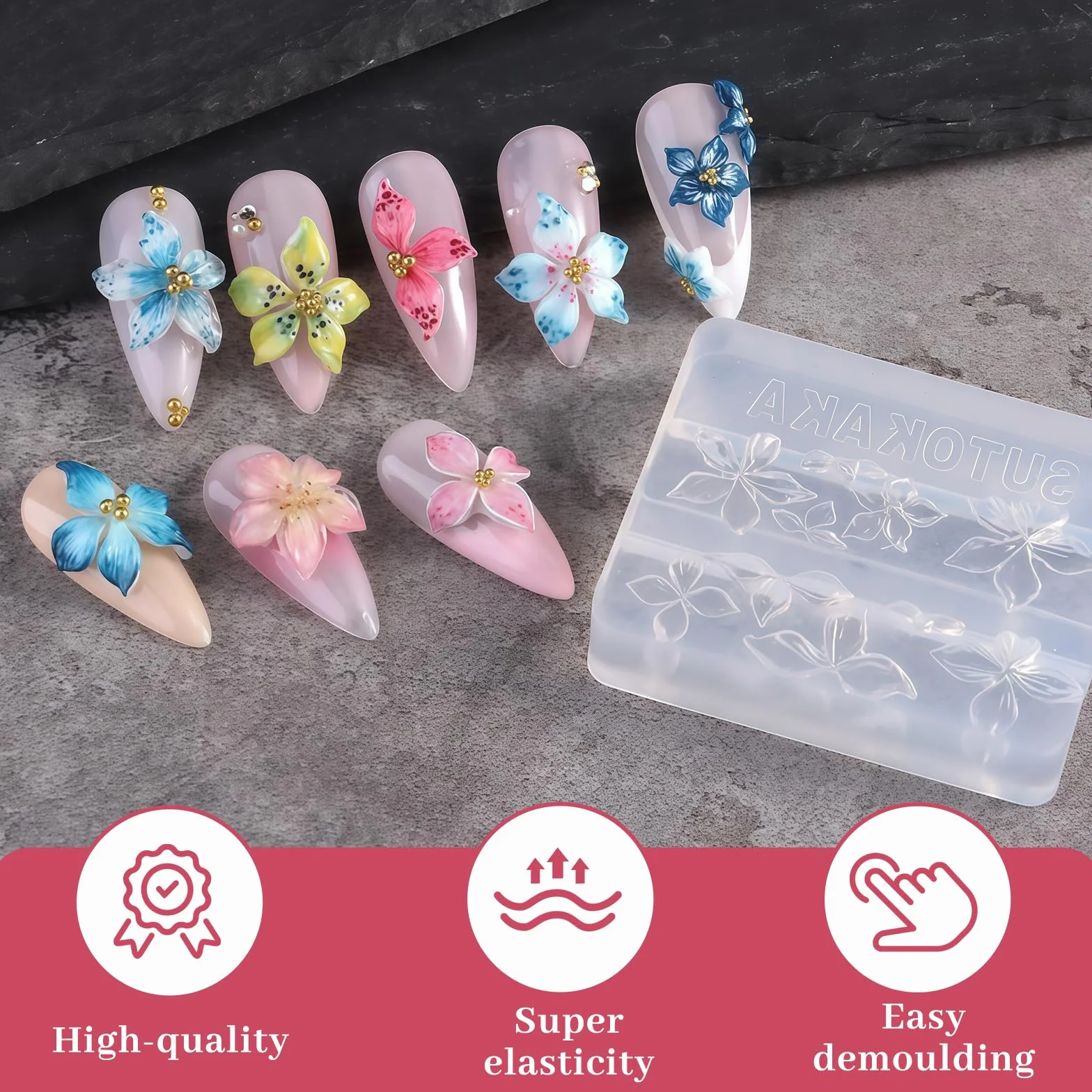 Nails Mold, Stampo per Unghie per Nail Art con Forma in Silicone a Fiori, 3D Gel Nail Art Stampo per Accessori DIY Manicure