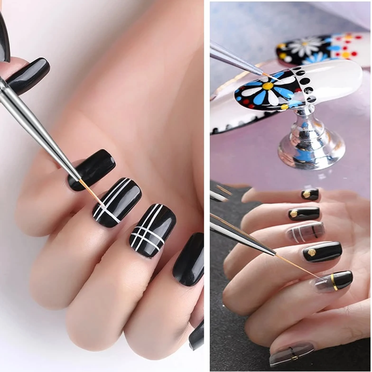 Pennelli Unghie, 15 Pezzi Nero Pennelli Unghie e 3 Pezzi Viola Pennelli per Unghie, Acrilico Gel Pennelloper Unghie Set pennelli per dettagl per Nail Art Design