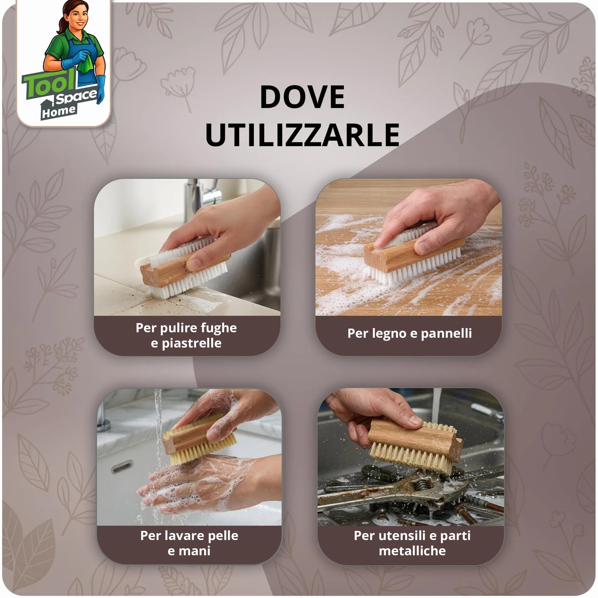 ToolSpace Spazzola per la Mano in Legno Faggio Spazzolina per Pulizia Unghie Mani e Piedi Setole Naturale Manicure Pedicure