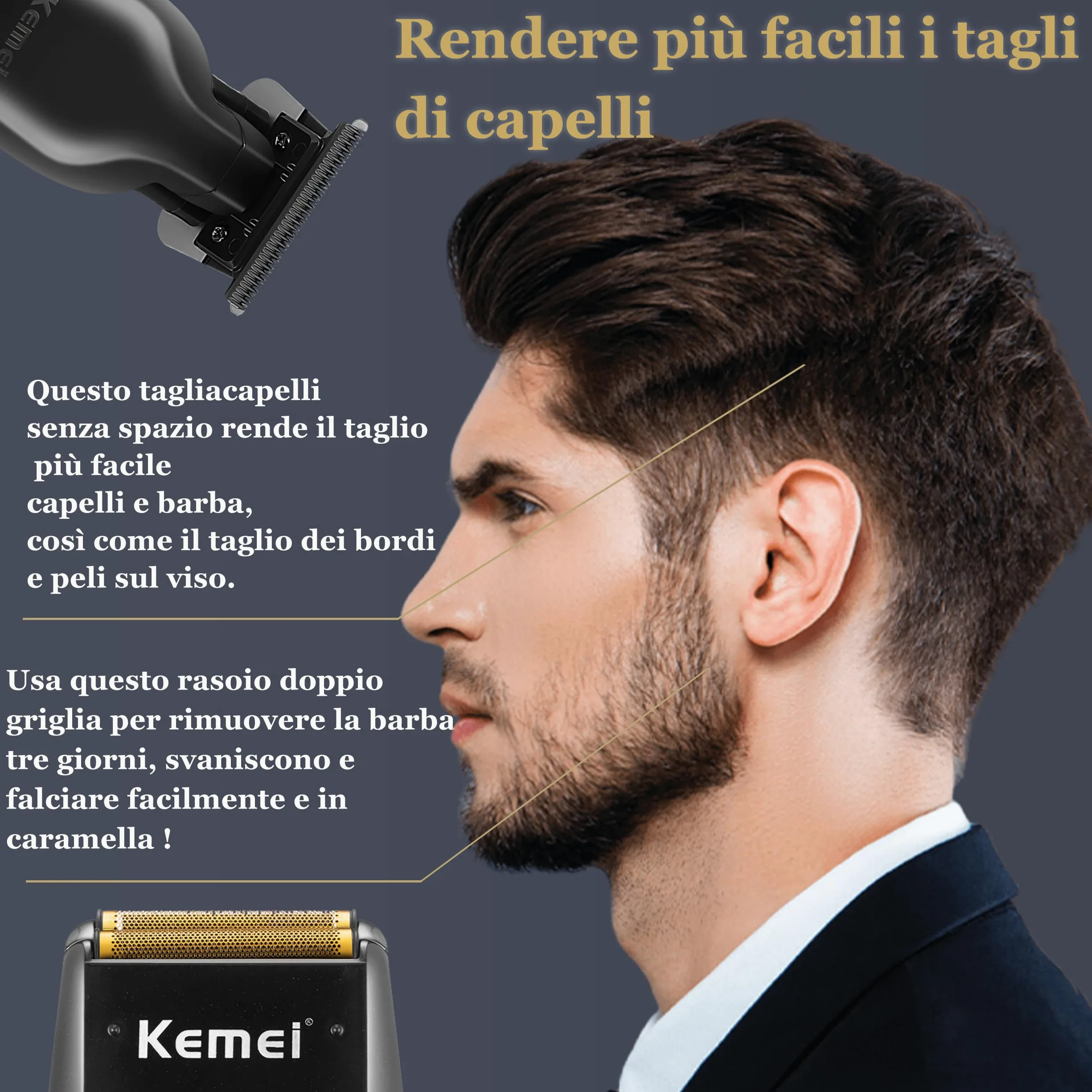Kemei Rasoio elettrico da uomo - Rasoio per capelli professionale senza spazio - Rasoio a testa calva senza fili - 1102+2299