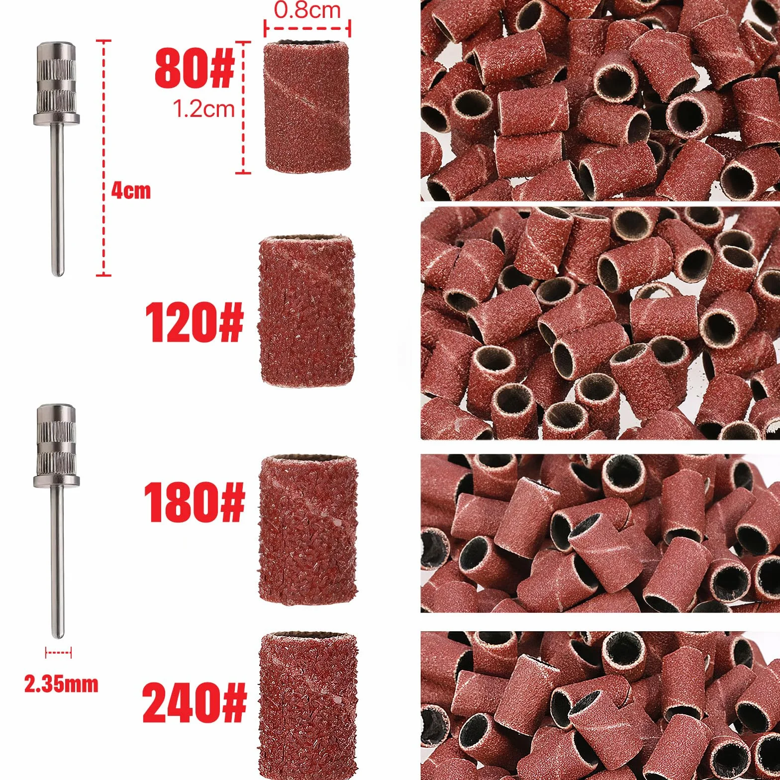 120 Pezzi Manicotti Levigatura Unghie 80/120/180/240 Grana per Pedicure Manicure,2 Punte Fresa Unghie,Accessori Ricambi