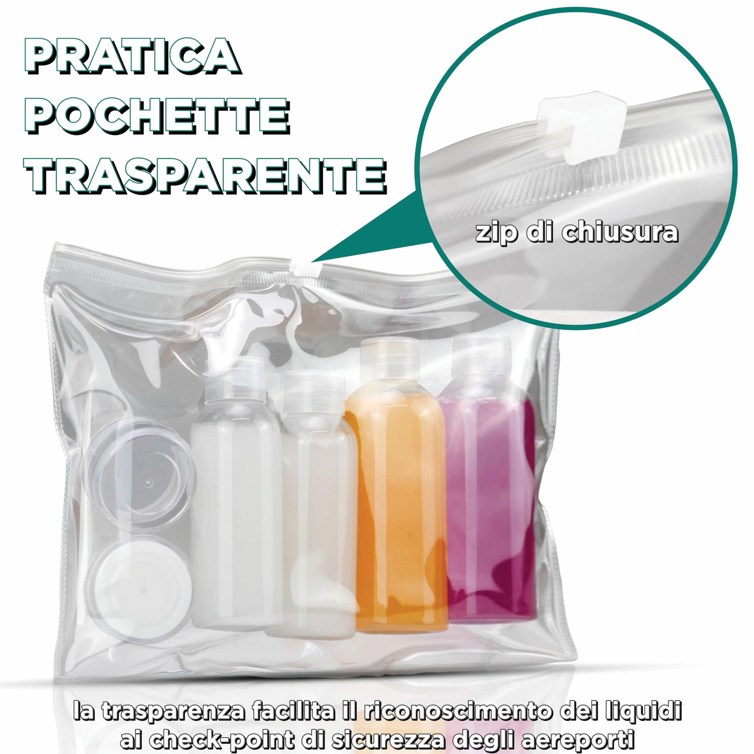 7 PZ Kit Viaggio Liquidi BENESSERE In Linea® - kit Liquidi Aereo - kit viaggio aereo - Travel kit 100 ml - Porta Liquidi da viaggio aereo - 2 flaconi 100 ml + 2 flaconi 50 ml + 2 Porta Crema / Lenti