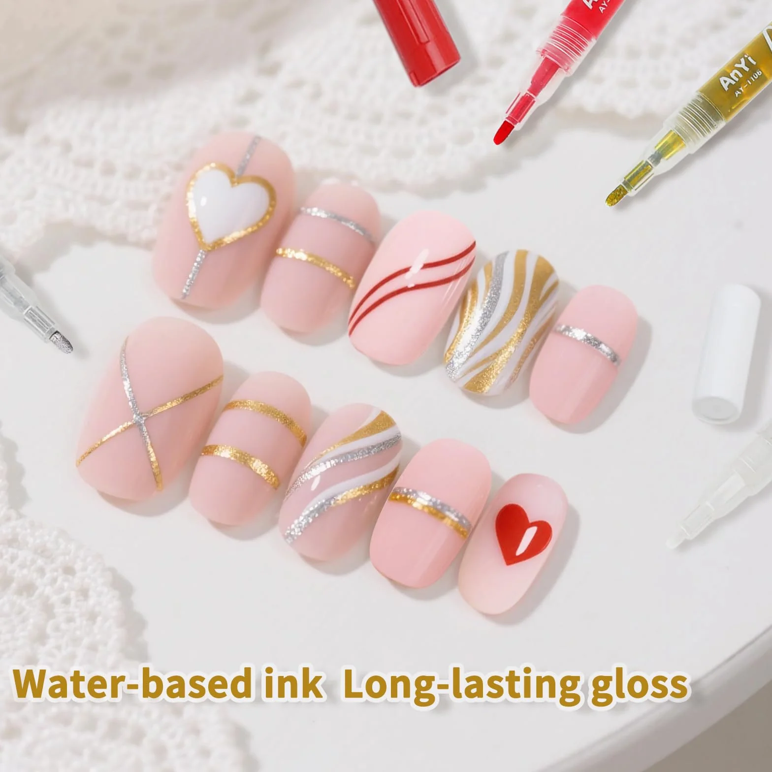 Set Penne Nail Art 4 Colori, Bianco Oro Argento Rosso Penna 3D per French Nails Design Preciso Asciugatura Rapida per Manicure Fai-da-te e Professionale Graffiti nail art bellezza manicure strumenti