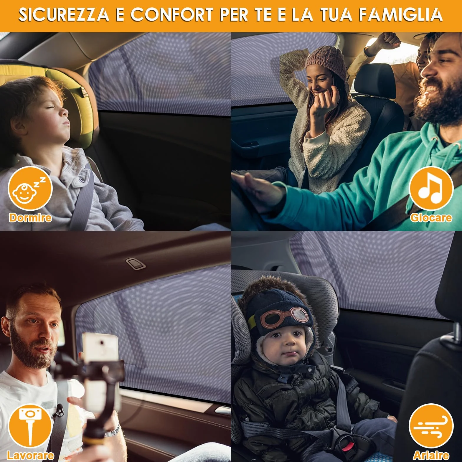 Tendine Parasole Auto Bambini Oscuranti Misura Universale Senza Ventose Esterne Protezione Neonati Raggi UV Autoaderente Automatica Kit Finestrini Posteriori (L)