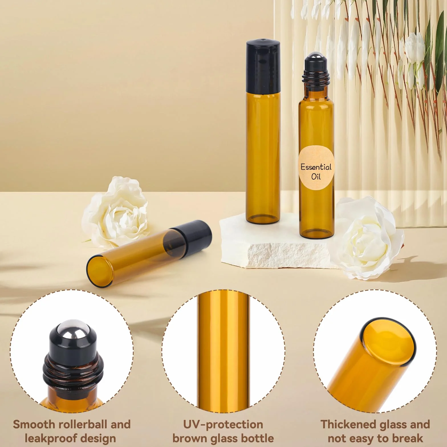 20 flaconi di vetro arrotolabili per oli essenziali da 10 ml, marrone, ricaricabile con apri, contagocce e adesivi per oli, profumi
