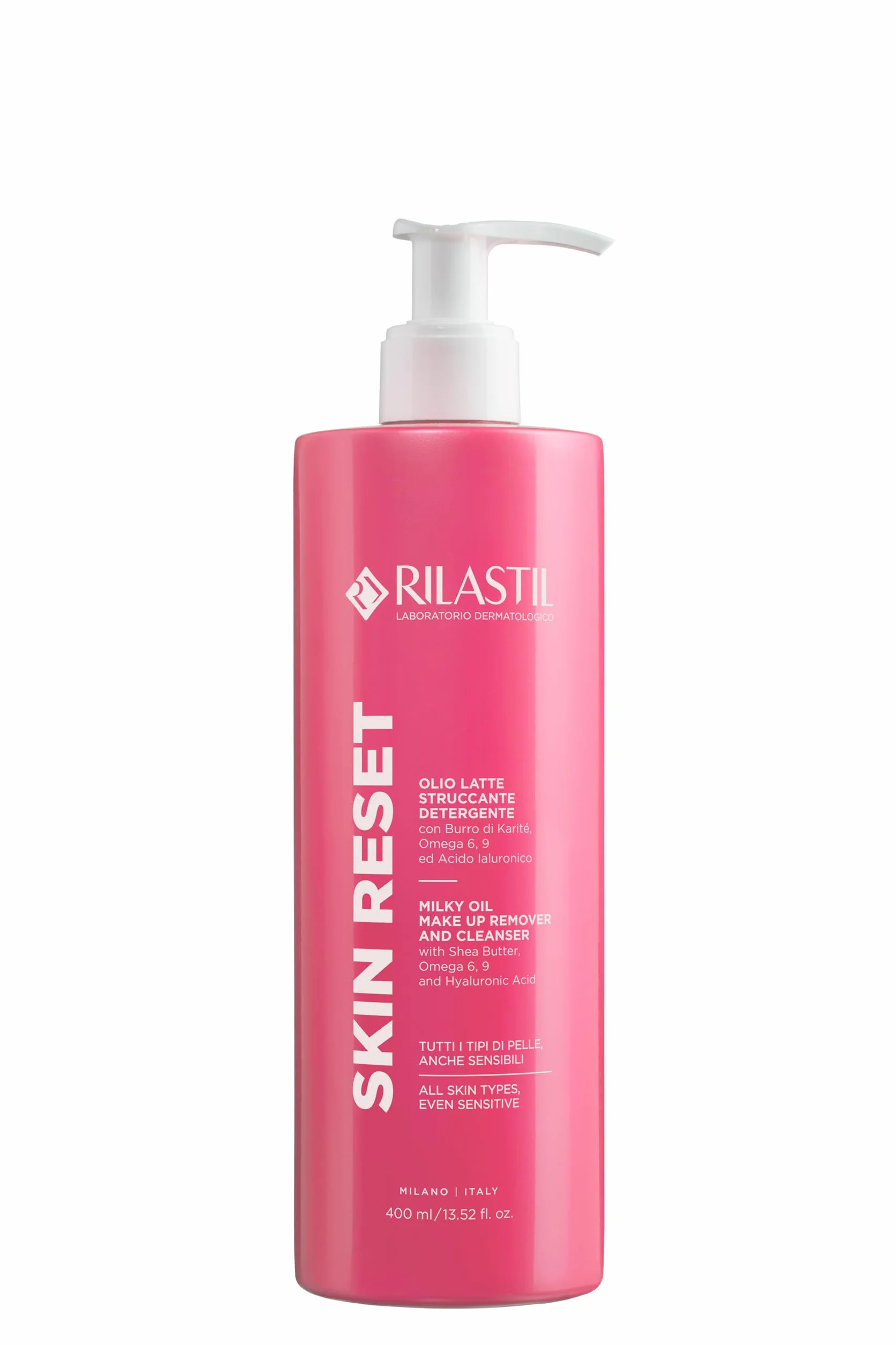 Rilastil Skin Reset Olio Latte Struccante Detergente 400 ml con Burro di Karité, Omega 6-9 e Acido Ialuronico