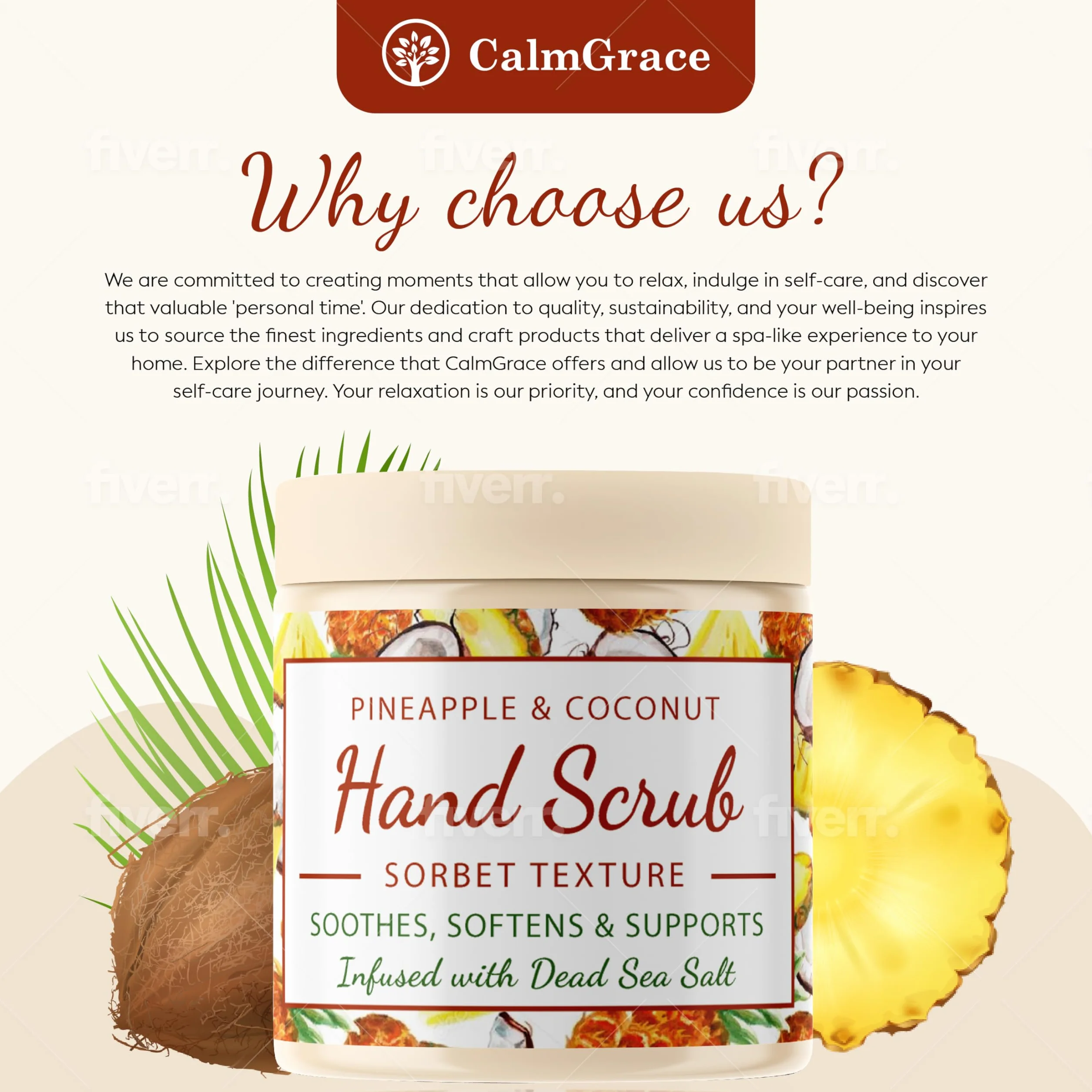 CalmGrace Scrub esfoliante per le mani con sali del Mar Morto e profumo di ananas e cocco, esfoliante per le mani, texture sorbetto, 300 g, arricchito con olio di avocado e vitamina E, C