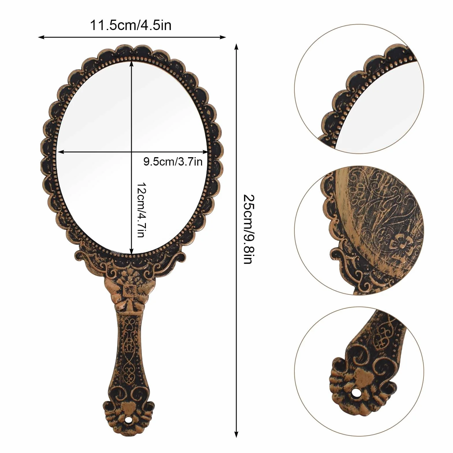 Specchio a Mano Vintage, Specchio Tascabile con Manico, Retrò Motivo Maniglia Specchio, Specchio a Mano Ovale Piccolo in Bronzo per il Trucco per Donne, Ragazze, Viaggi, Casa, Ufficio, Uso
