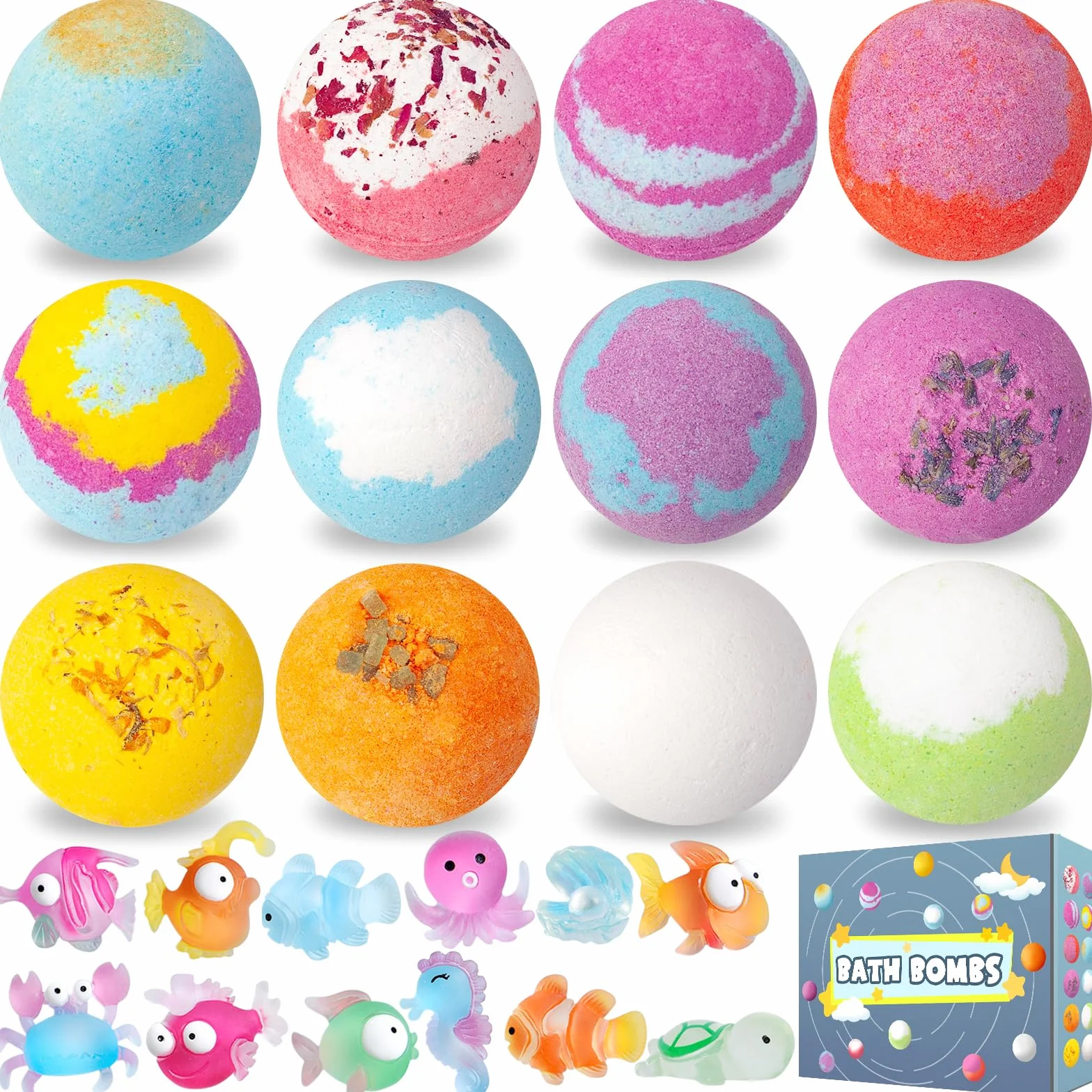 Bombe da bagno per bambini, 12 unità, bombe da bagno con giocattolo a sorpresa all'interno, bombe da bagno in schiuma naturale e organica, regali di Pasqua per bambini e bambine