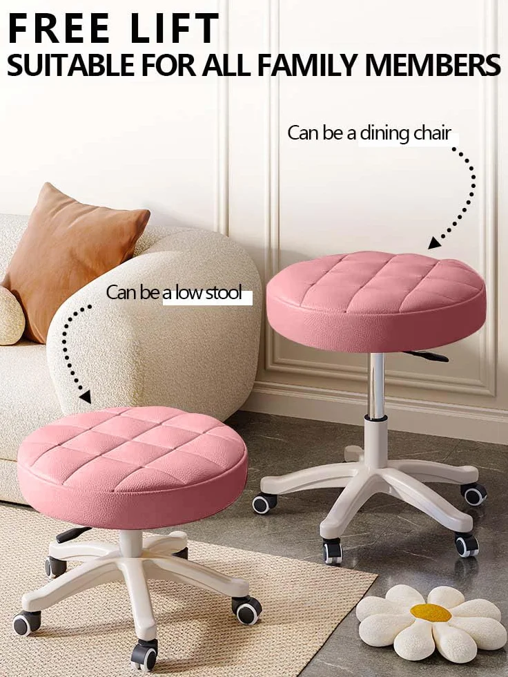 Sedia girevole compatta con rotelle e puleggia rotonda in pelle PU, altezza regolabile, design girevole, sedia da ufficio per disegnatori, sgabello da salotto SPA, sedia da ufficio per casa