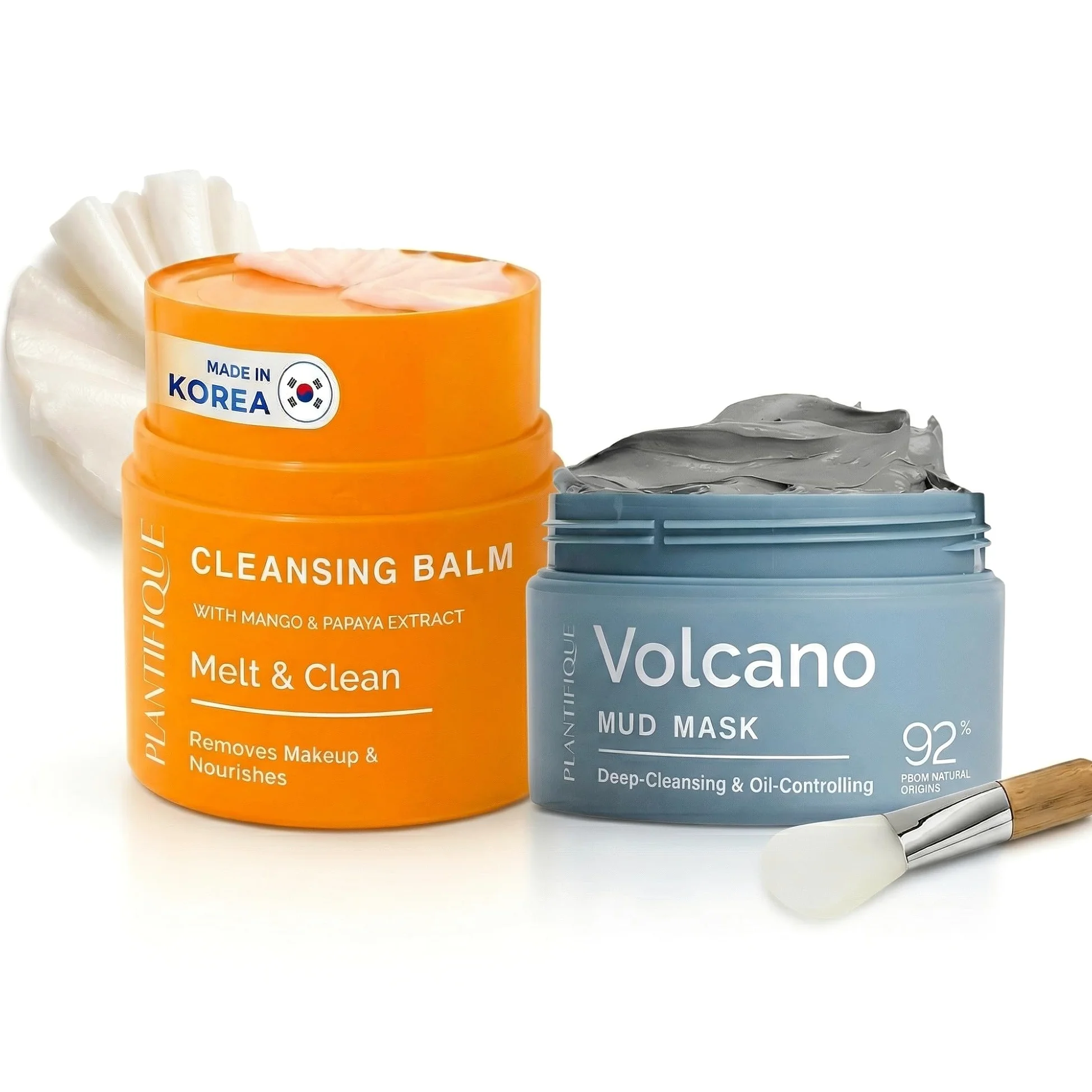 PLANTIFIQUE Maschera Viso Coreana Argilla Vulcanica - Purifica, Affina Pori, Idrata e Calma -110 g & Burro Struccante Coreano Viso e Occhi - per Doppia Detersione, Makeup Remover Waterproof - 40 g