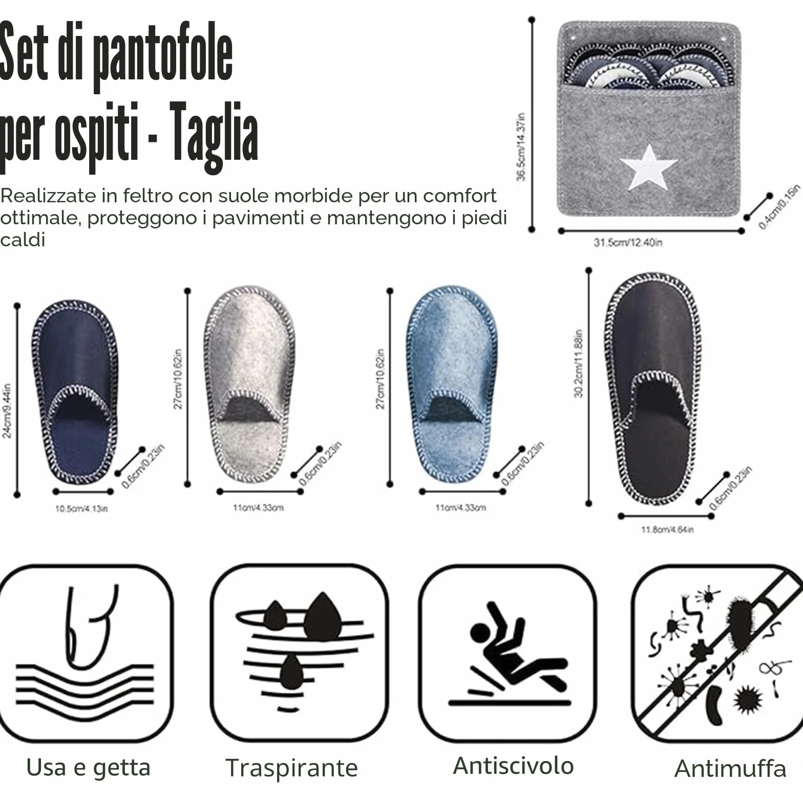Pantofole in feltro antiscivolo per ospiti con sacca, taglia 36-45