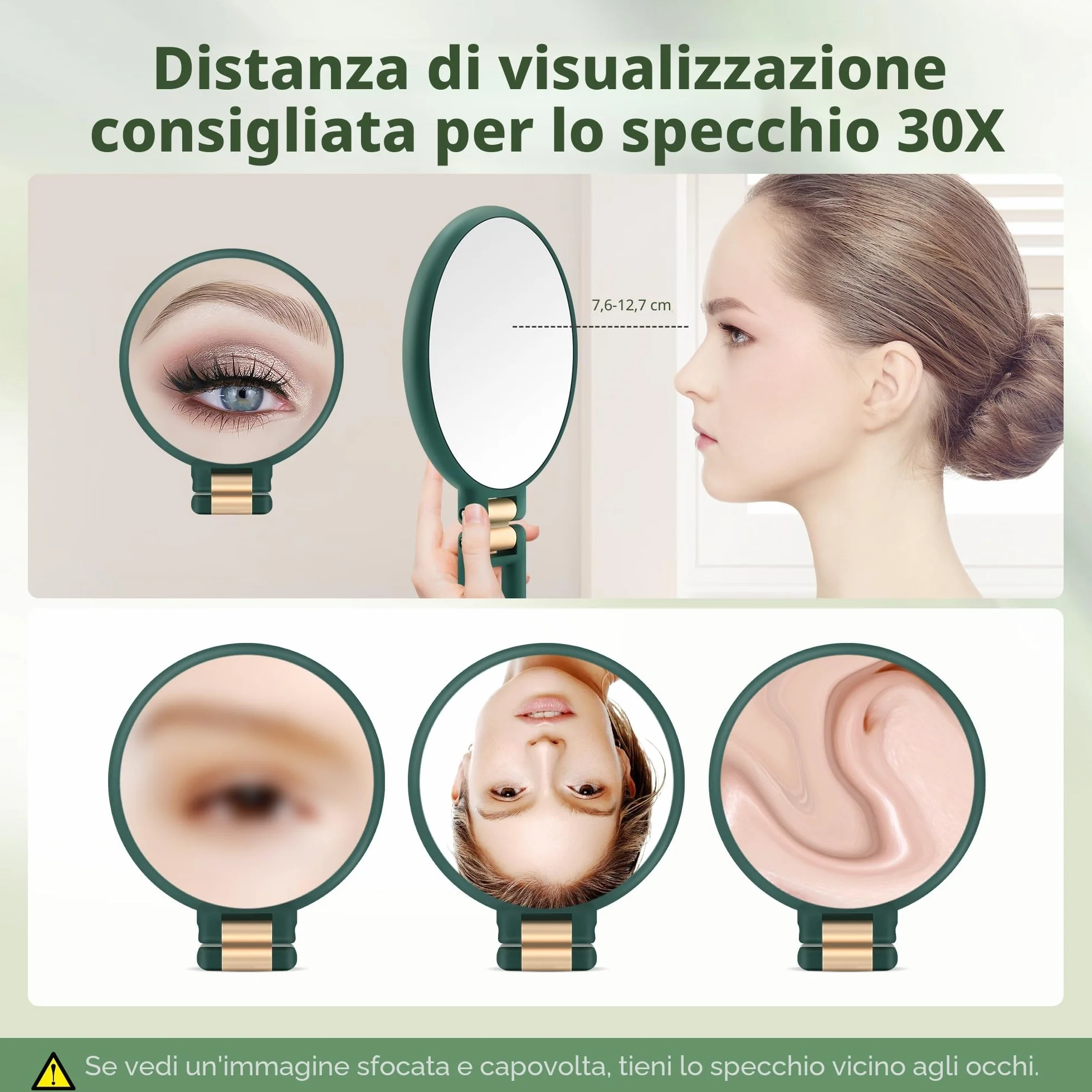 MIYADIVA Specchio ingranditore portatile doppio lato 30X/1X manico regolabile 360° verde