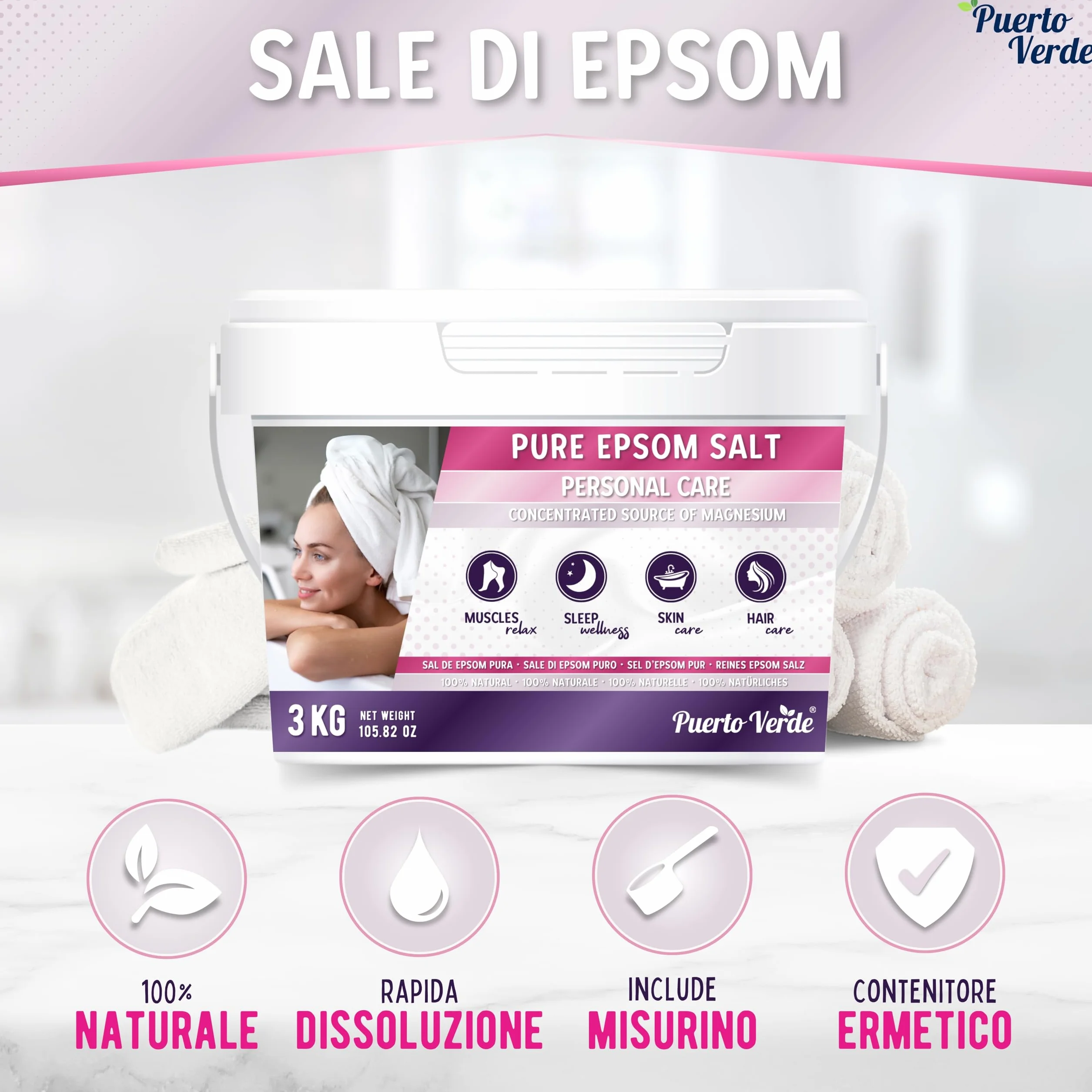 • Sale di Epsom Puro 3 Kg. Fonte Concentrata di Magnesio. Sale da Bagno a Rapida Dissoluzione per il Rilassamento Muscolare e il Buon Sonno. Cura di Pelle e Capelli. Produzione Europea.
