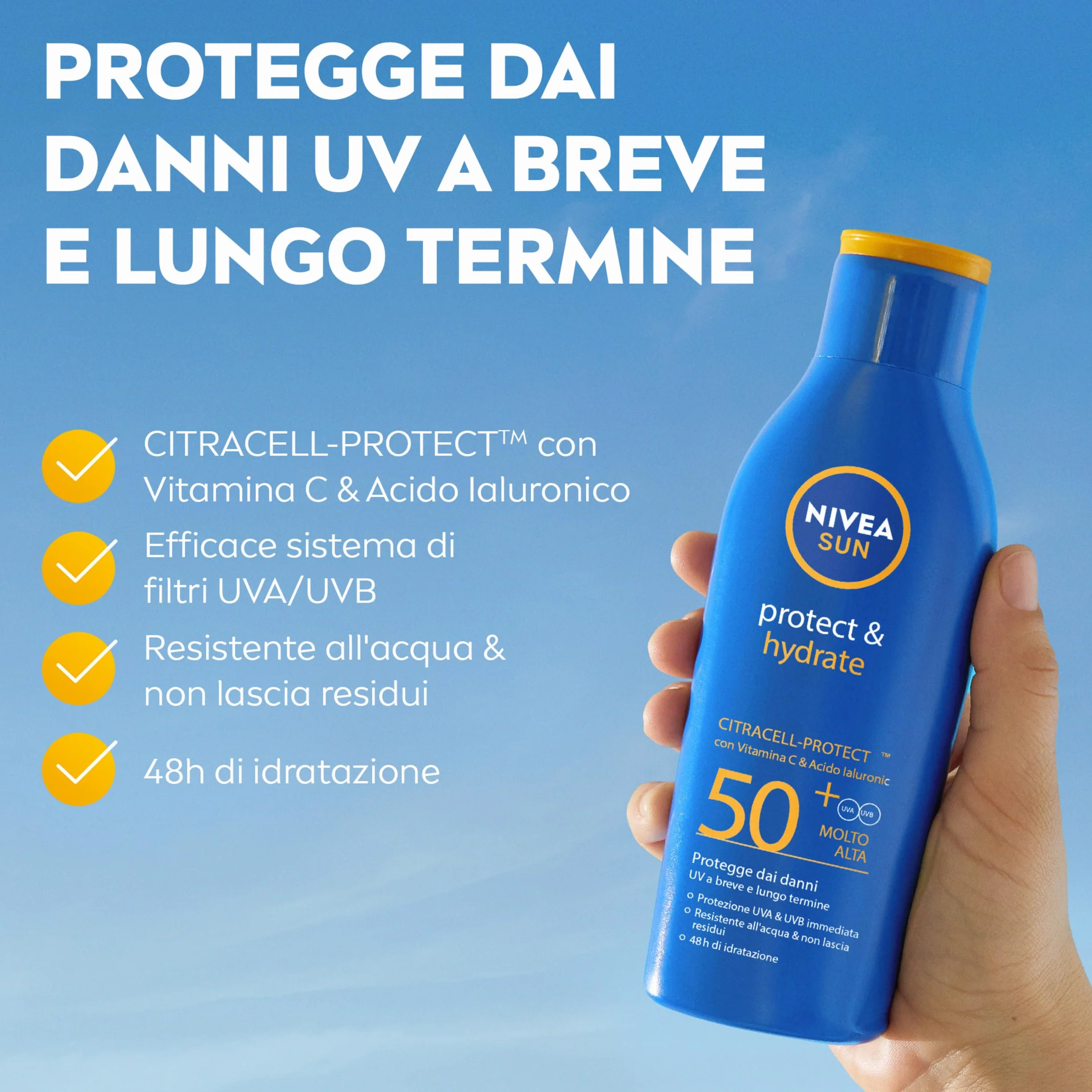 NIVEA SUN Protect & Hydrate SPF 50+ Crema Solare 200 ml Idratante 48h Resistente all'Acqua Vitamina C Acido Ialuronico