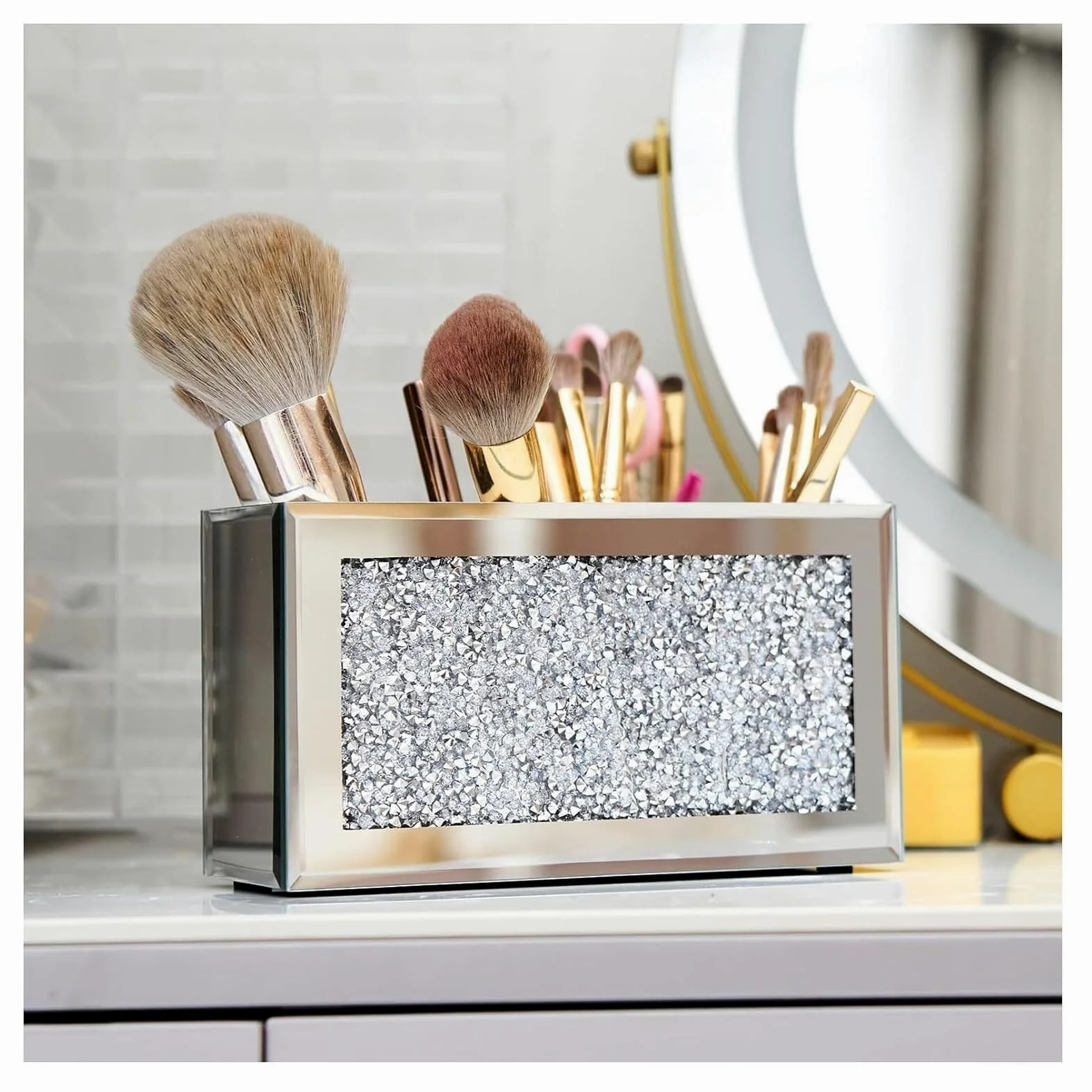 Organizer Trucchi Portatrucchi Porta Pennelli Per Trucco A 3 Slot Per Vanity Cosmetic Storage Organizer Vetrina Per Sopracciglia Con Eyeliner Con Diamanti Schiacciati Porta Trucchi Organizer Bagno