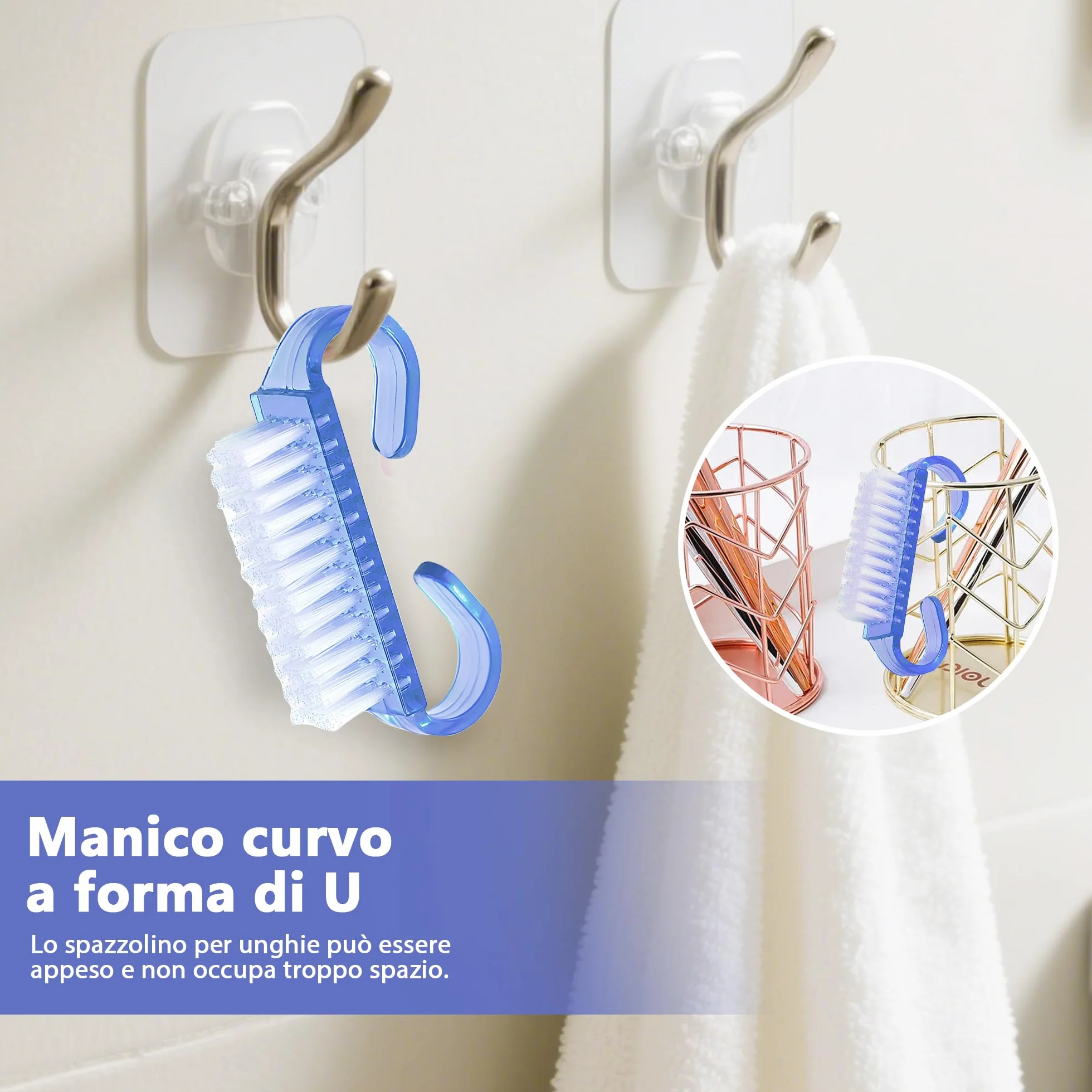 Set 4 pezzi Spazzolino unghie mani con manico, Spazzola per unghie portatile