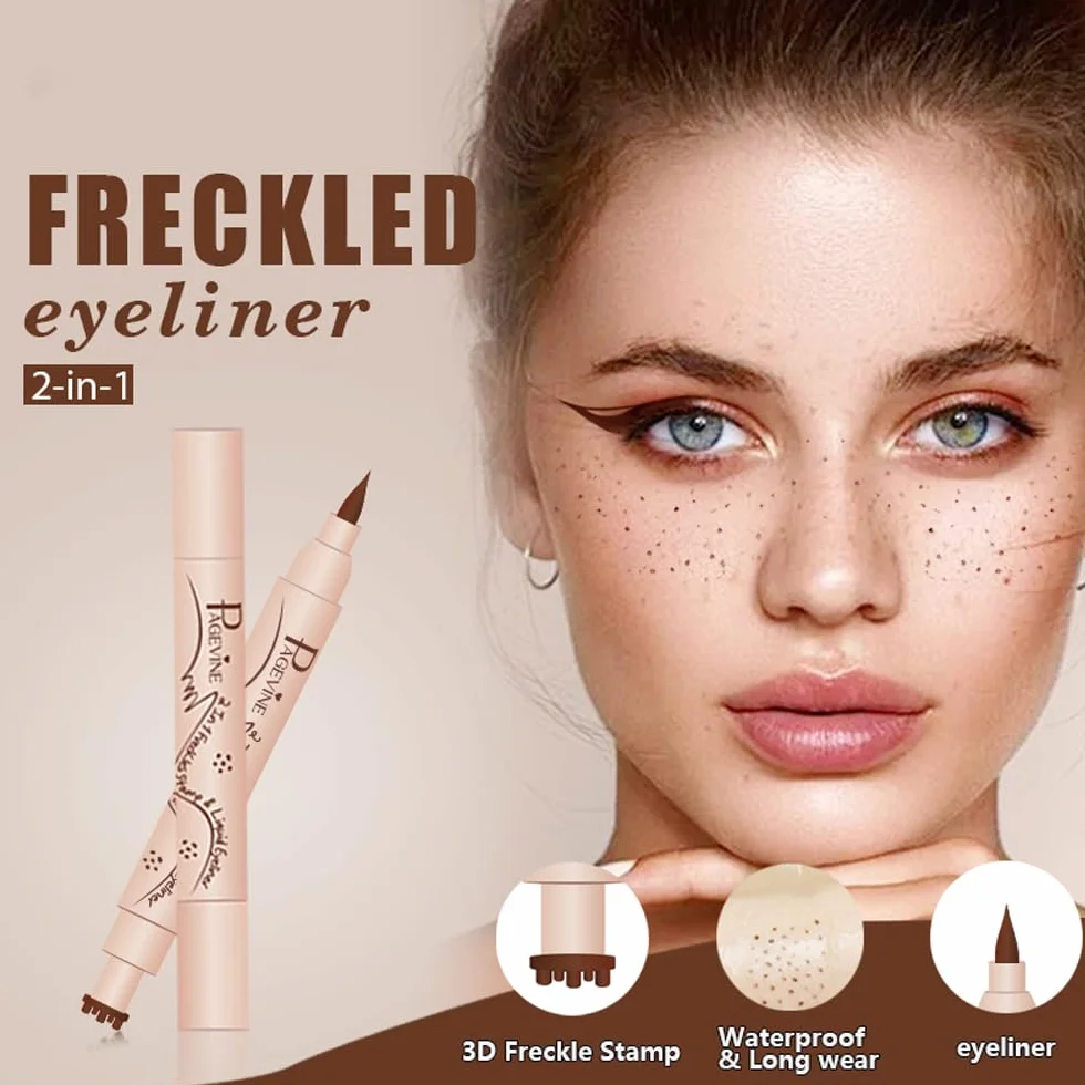 2 in 1 Freckle Maker e Eyeliner, Penna per Lentiggini Finte con 6 Punti Irregolari Naturali, Punta Spugna Antisfilamento, Waterproof e 24H, Ideale per Makeup Quotidiano e Festival - 3.0 Scuro