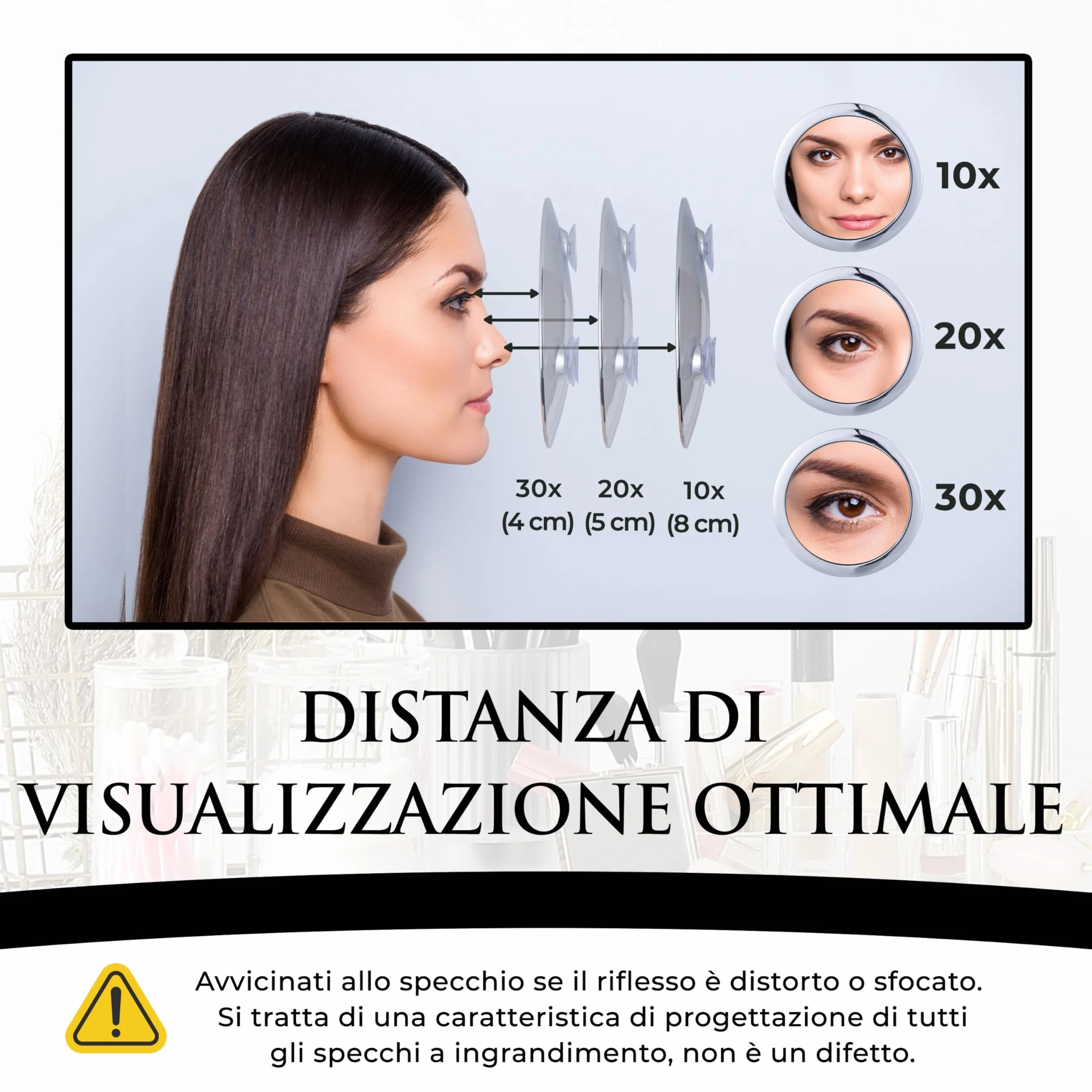 Mirrorvana Specchio ingranditore 30X per trucco 15 cm Cromo - portatile con tripla ventosa