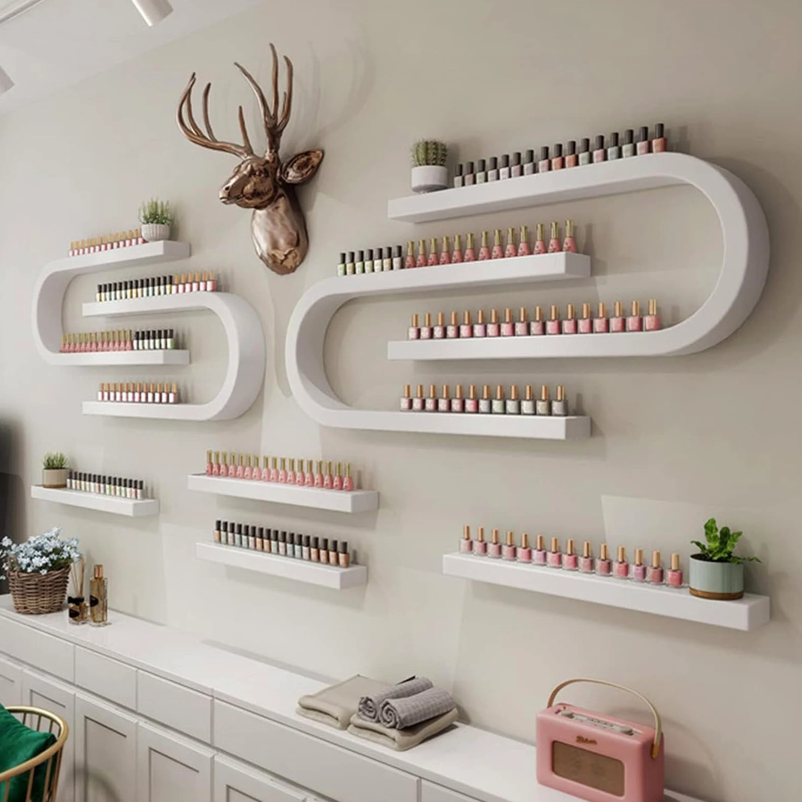 Porta Smalto a Parete in Metallo a Forma di U per espositori da Parete, espositore per Cosmetici per Rossetto, Organizer per flaconi di Smalto in Spa e Centri estetici, Nero (Bianco)