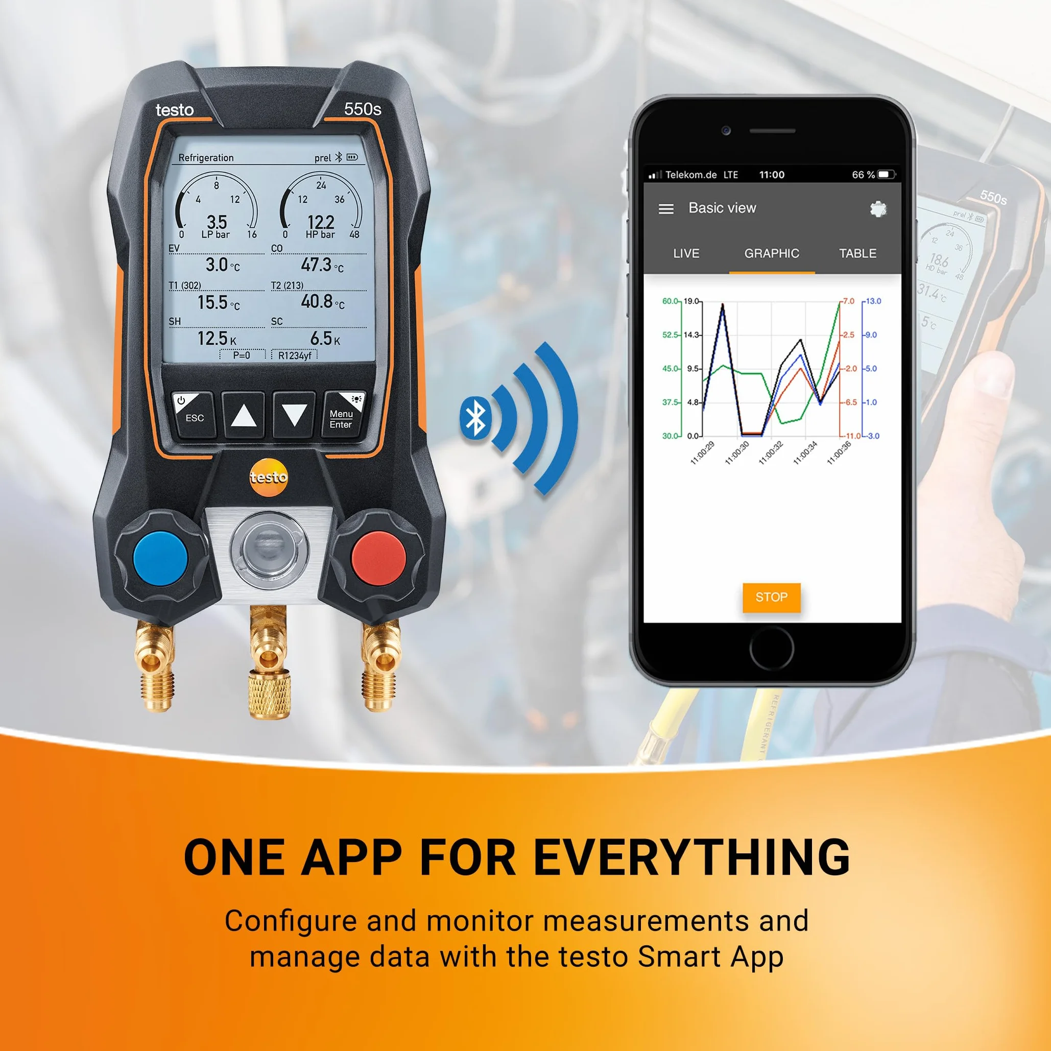 Testo 550s Kit HVAC Digital Manifold with App, 2x Testo 115i Thermometers, 1x Testo 552i Micron Meter, 3 Hose Set, Bluetooth, Black